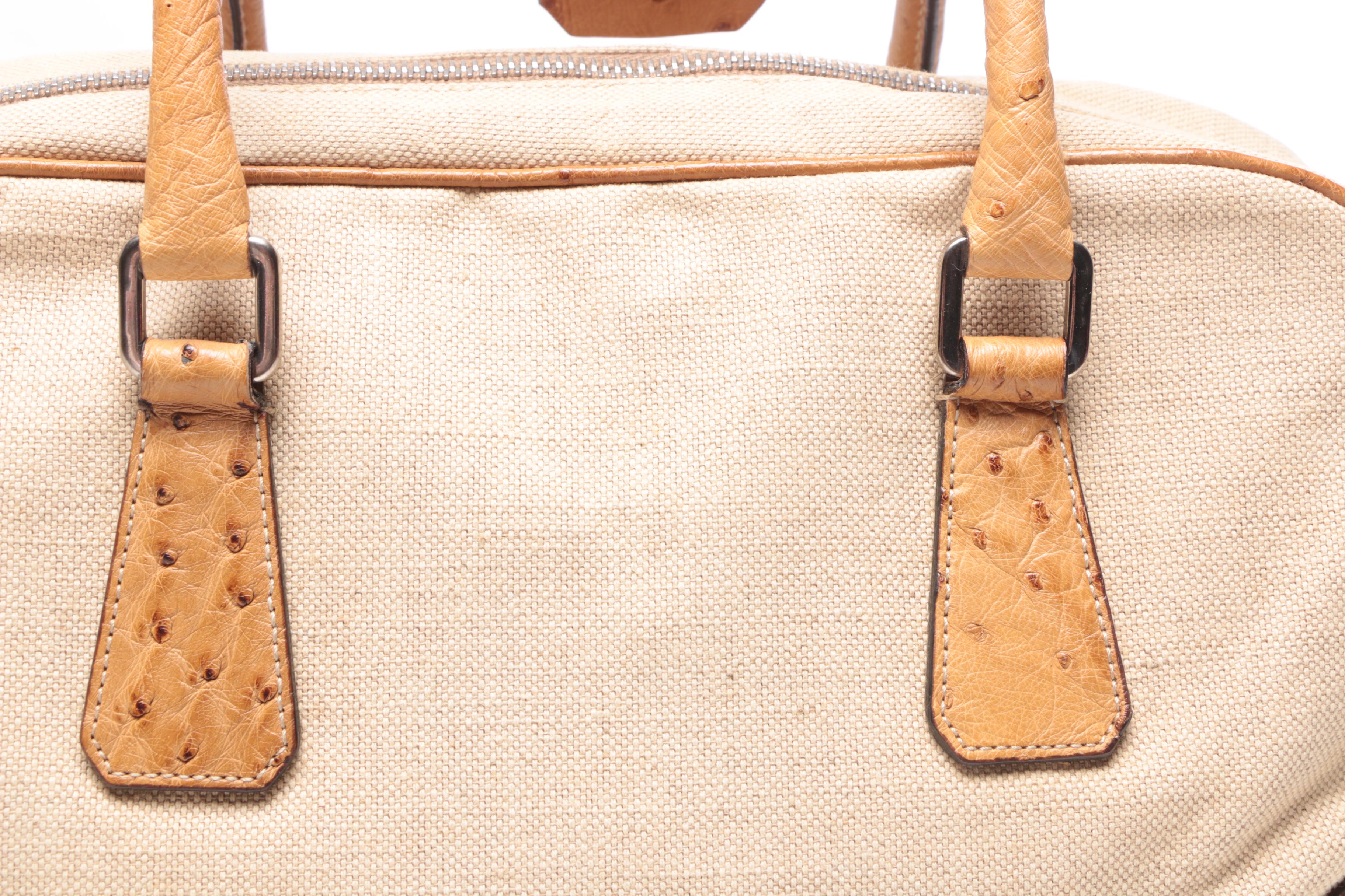 Prada Beige Canvas Satchel with Ostrich Leather Trim