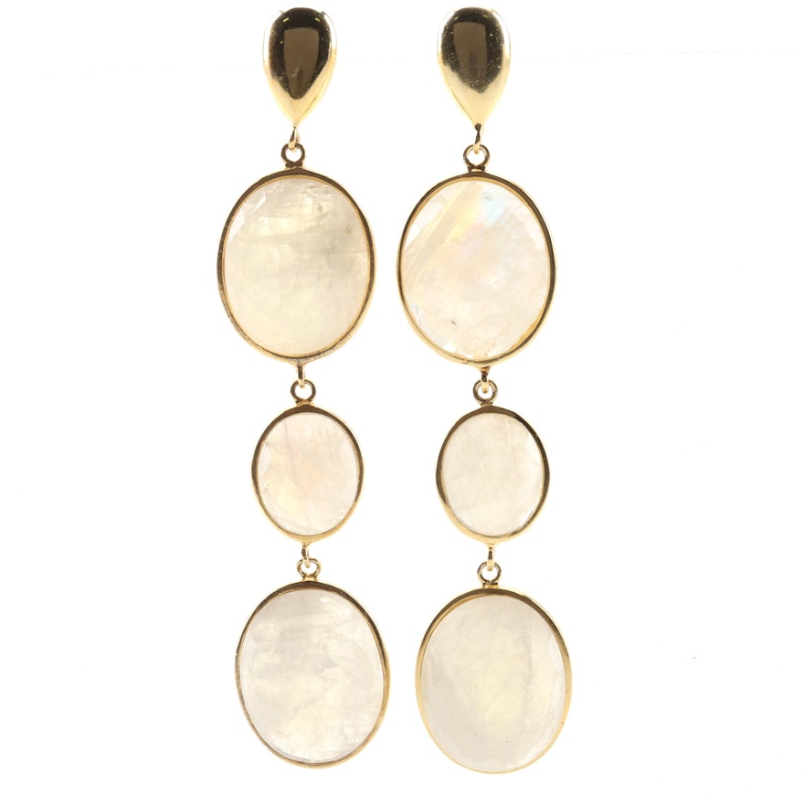 Sterling Silver Bezel Set 36.85 CTW Moonstone Dangle Earrings With a Gold Wash