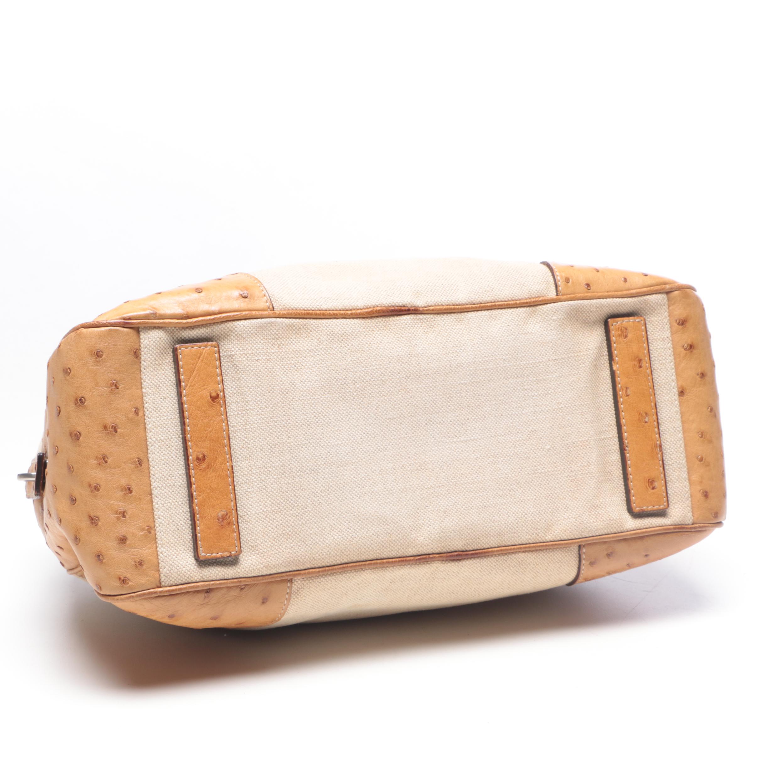 Prada Beige Canvas Satchel with Ostrich Leather Trim