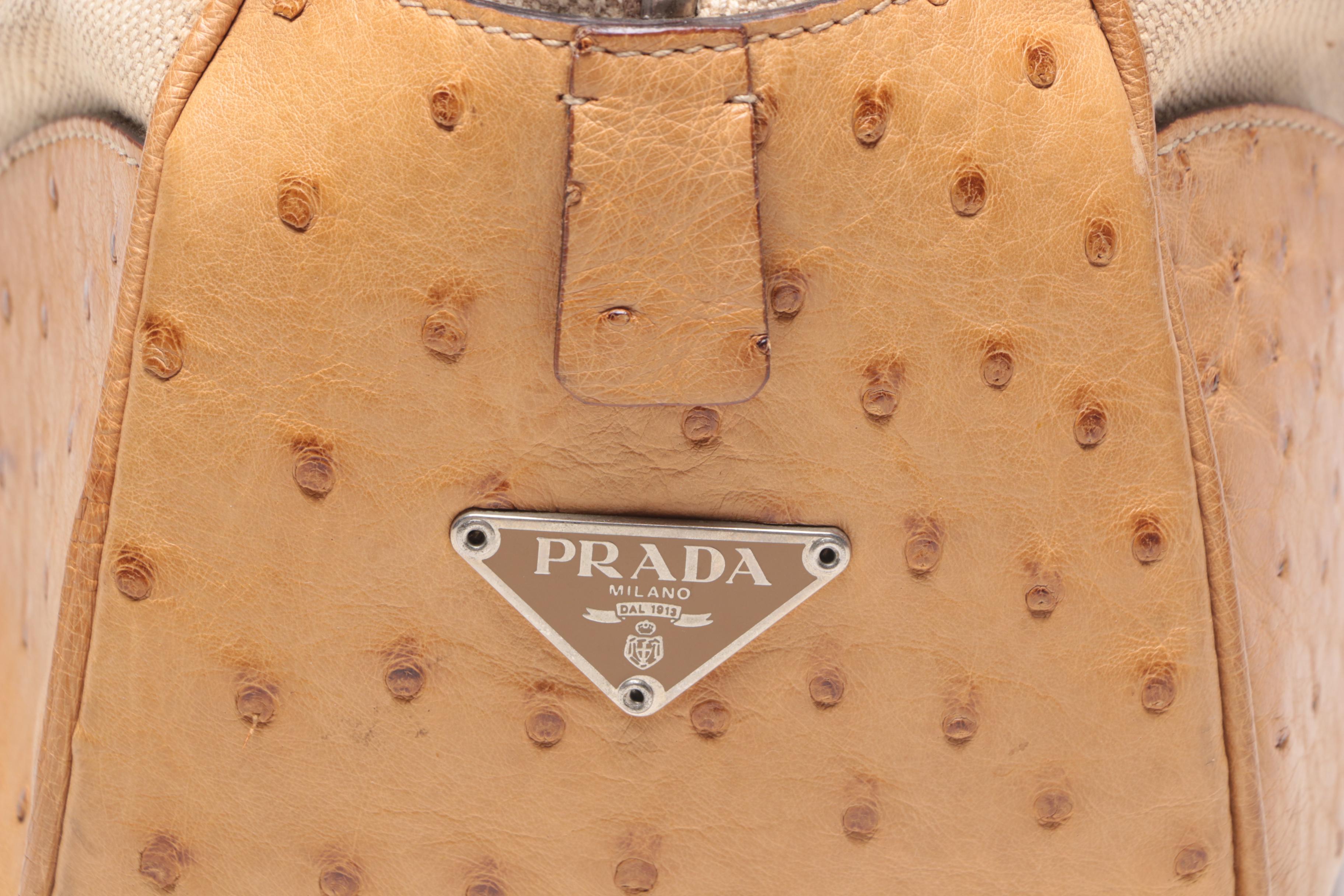 Prada Beige Canvas Satchel with Ostrich Leather Trim