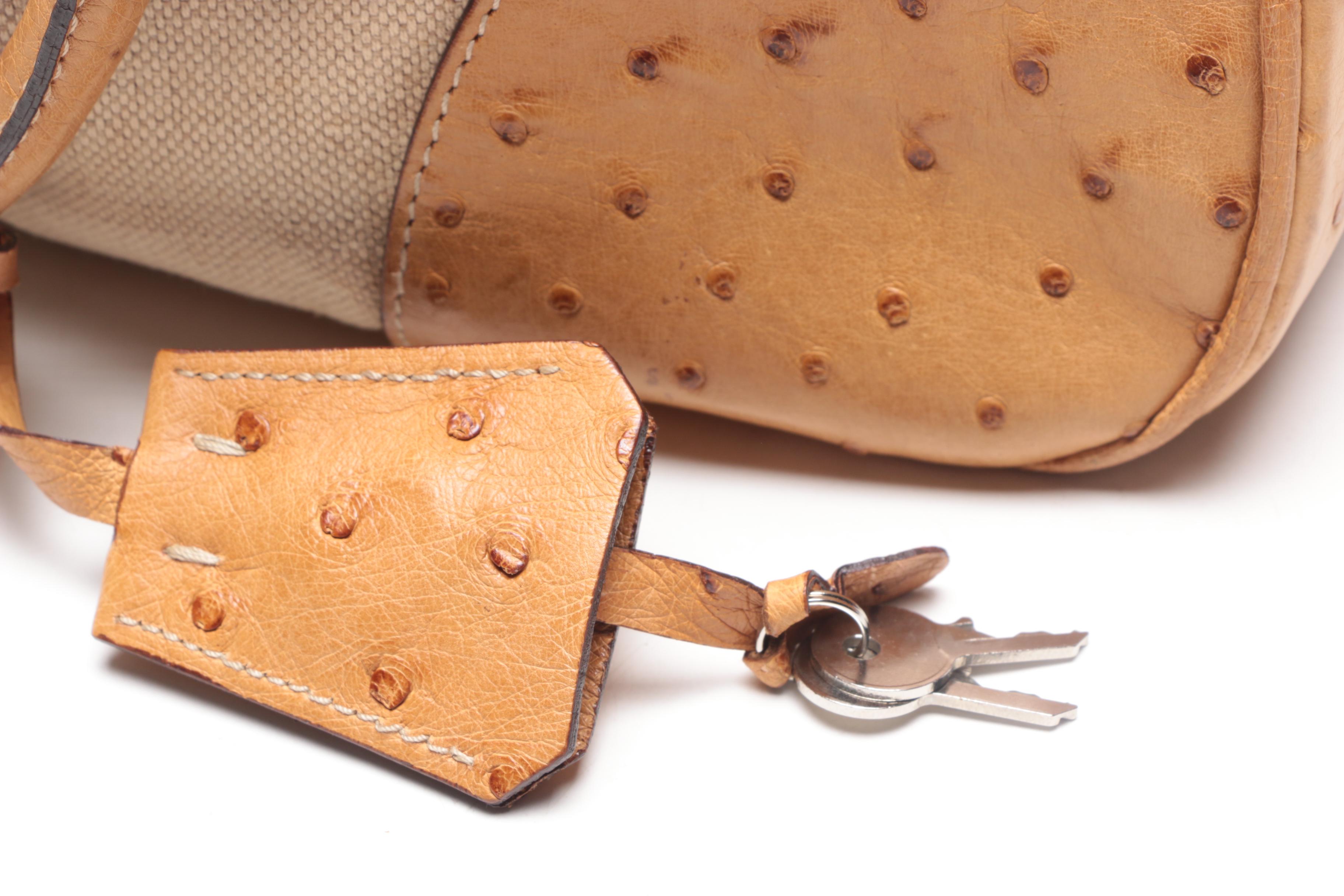 Prada Beige Canvas Satchel with Ostrich Leather Trim