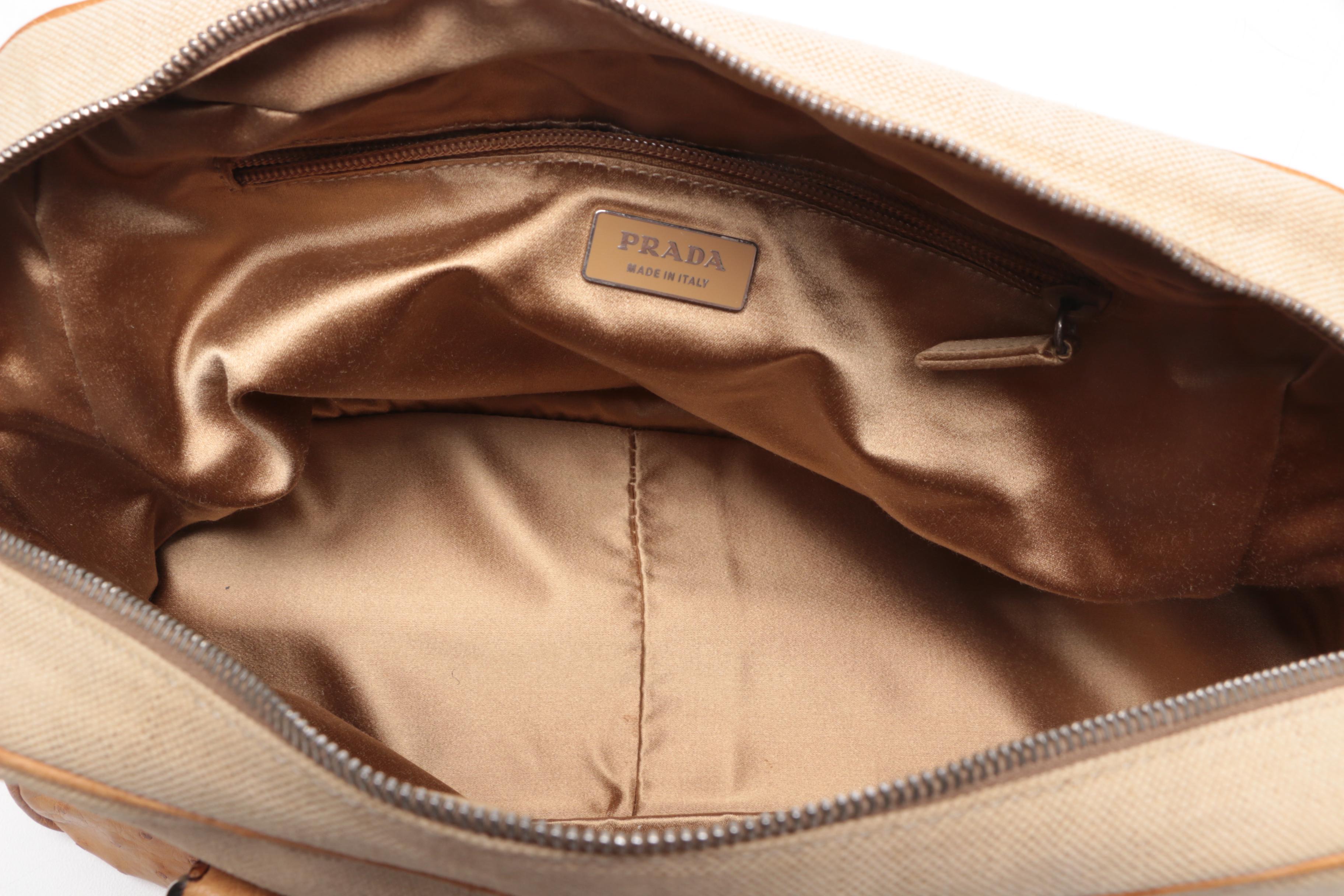 Prada Beige Canvas Satchel with Ostrich Leather Trim