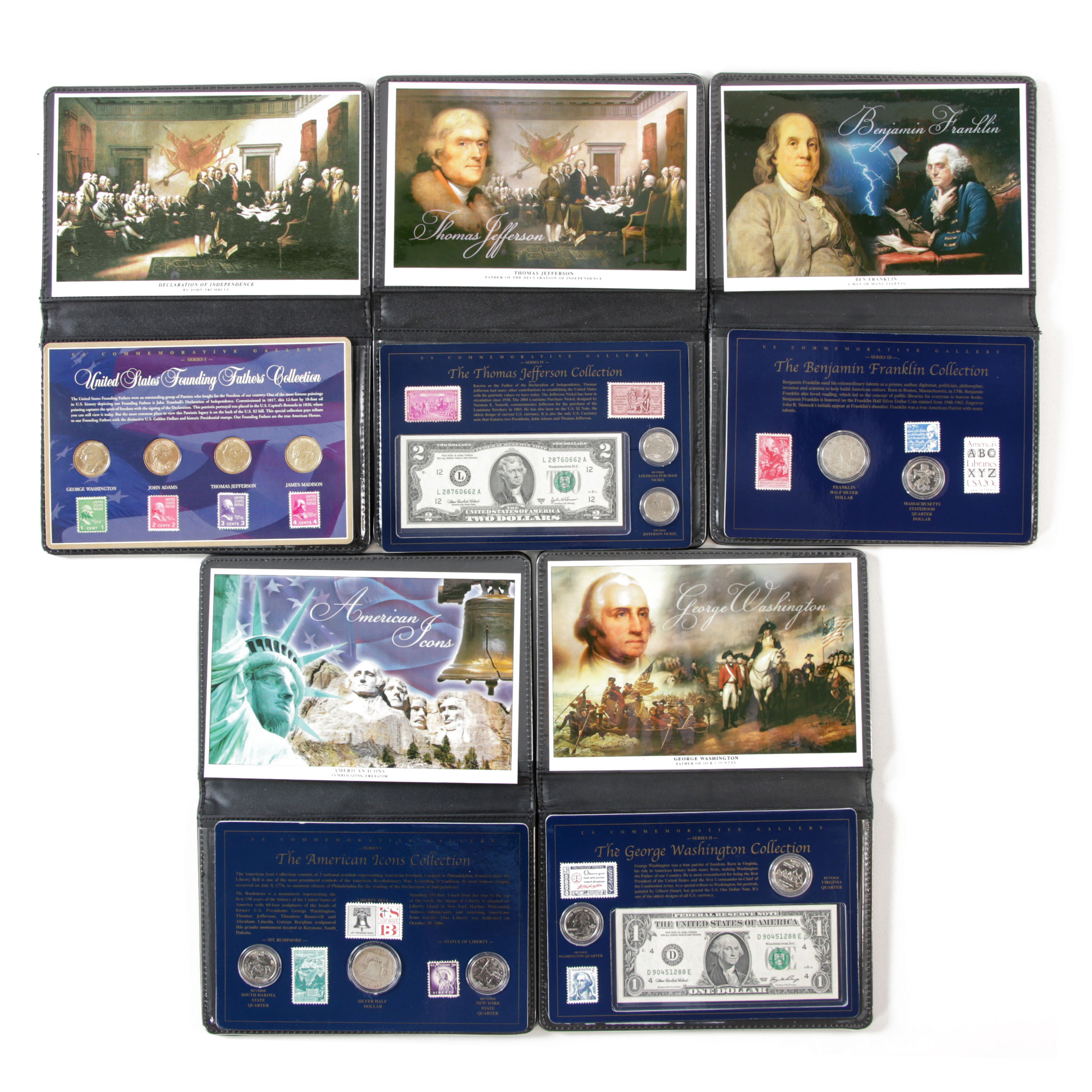 Five "Founding Fathers" Coin and Stamp Sets