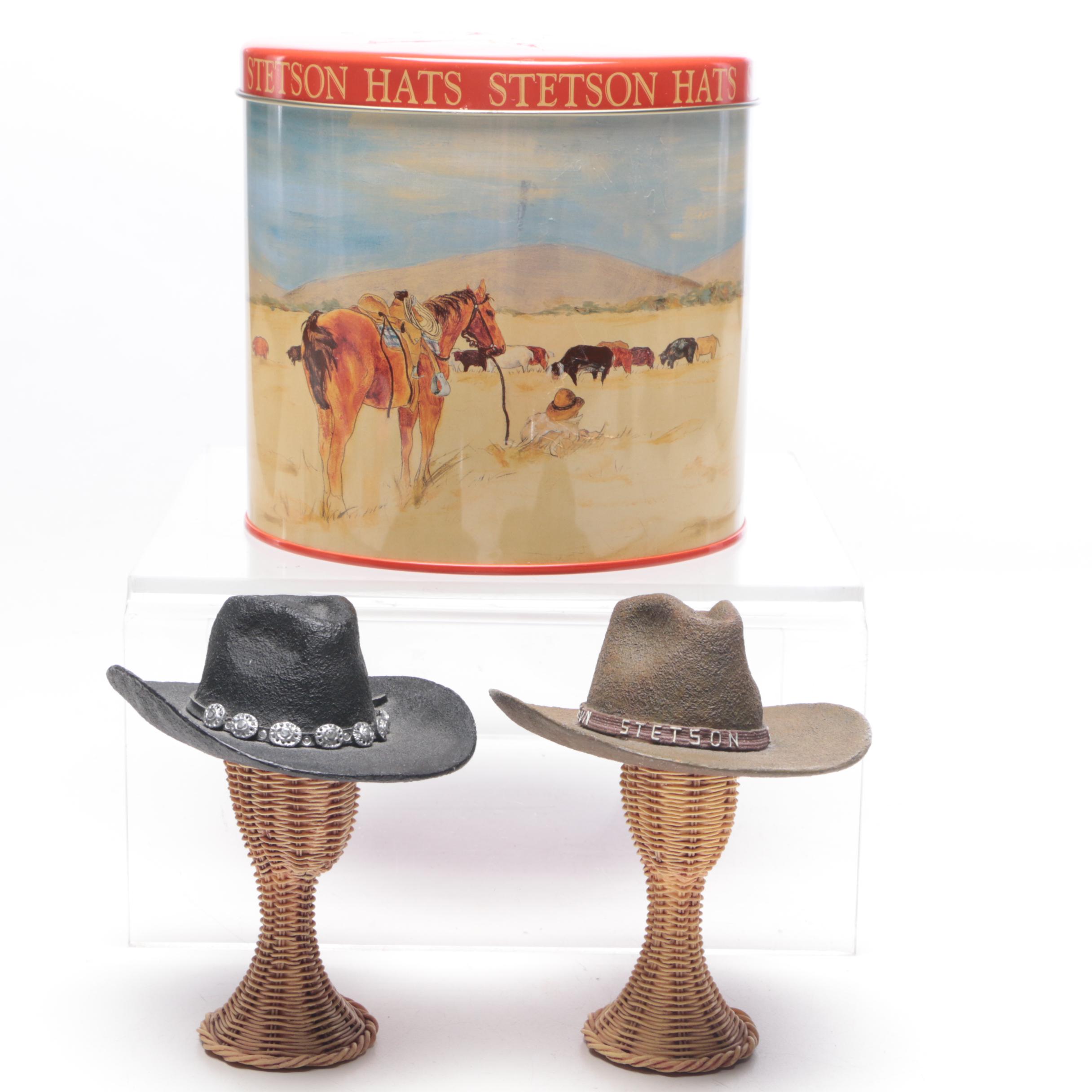 Stetson "Santa Fe Trail"  Salesman Sample Ceramic Cowboy Hats, Figures and Tin