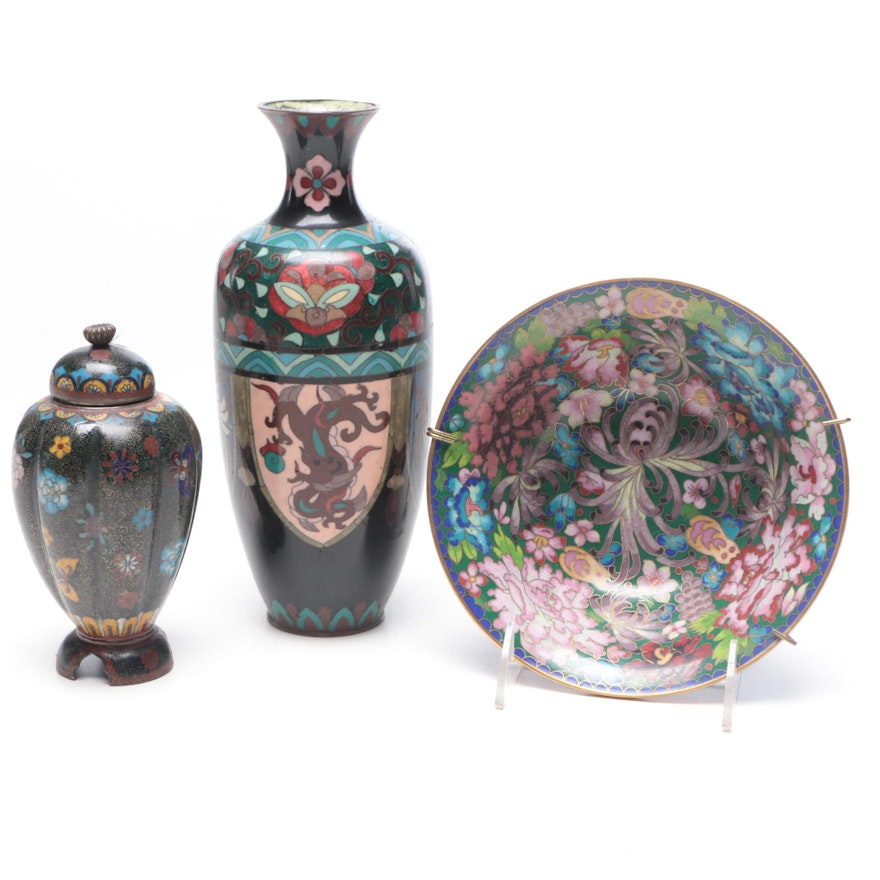 Japanese Cloisonné Vase and Lidded Jar with Chinese Cloisonné Bowl