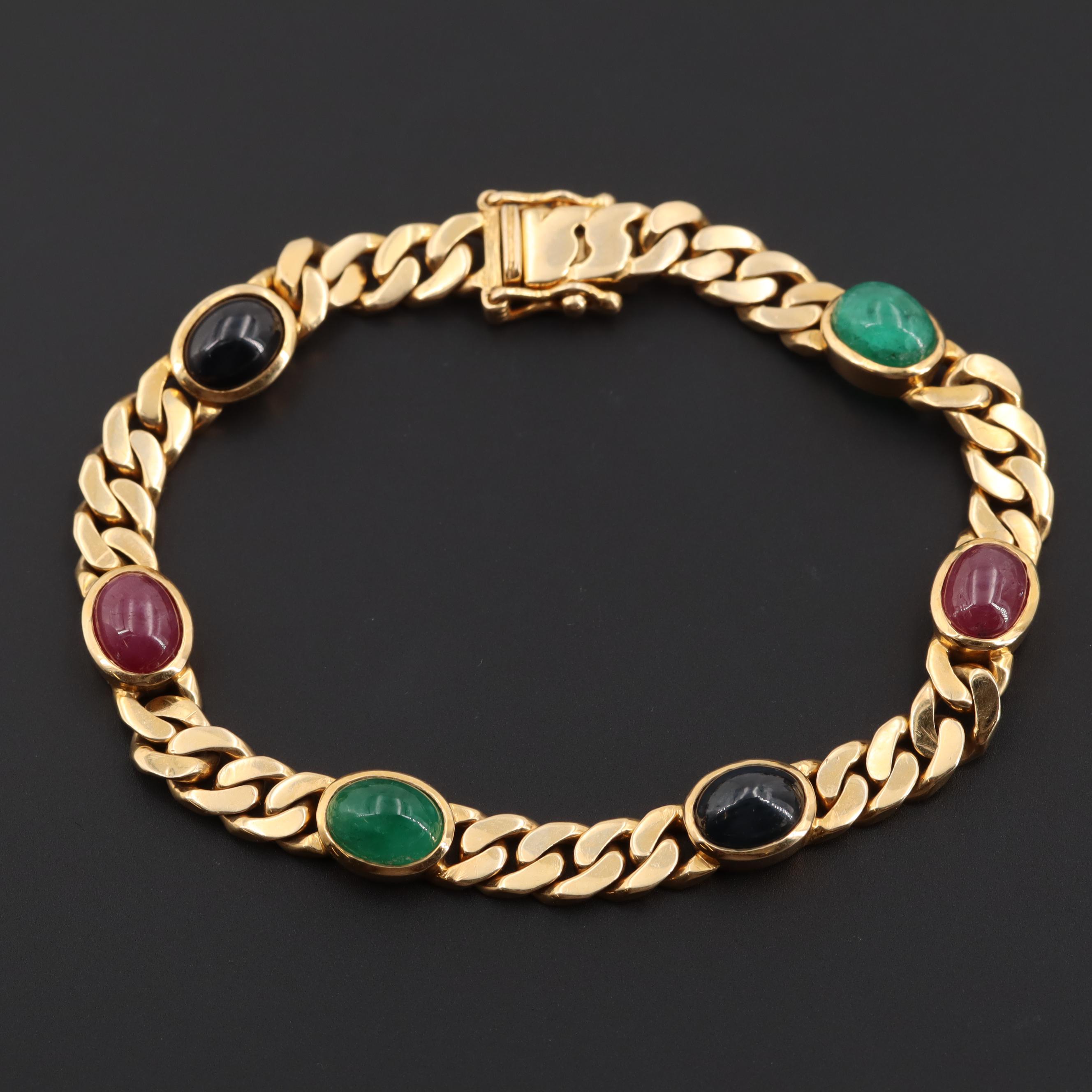 14K Yellow Gold Sapphire, Ruby and Emerald Cabochon Bracelet