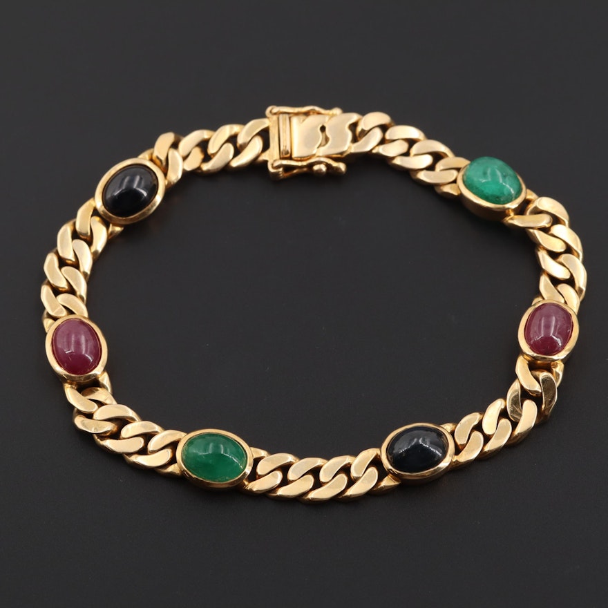 14K Yellow Gold Sapphire, Ruby and Emerald Cabochon Bracelet