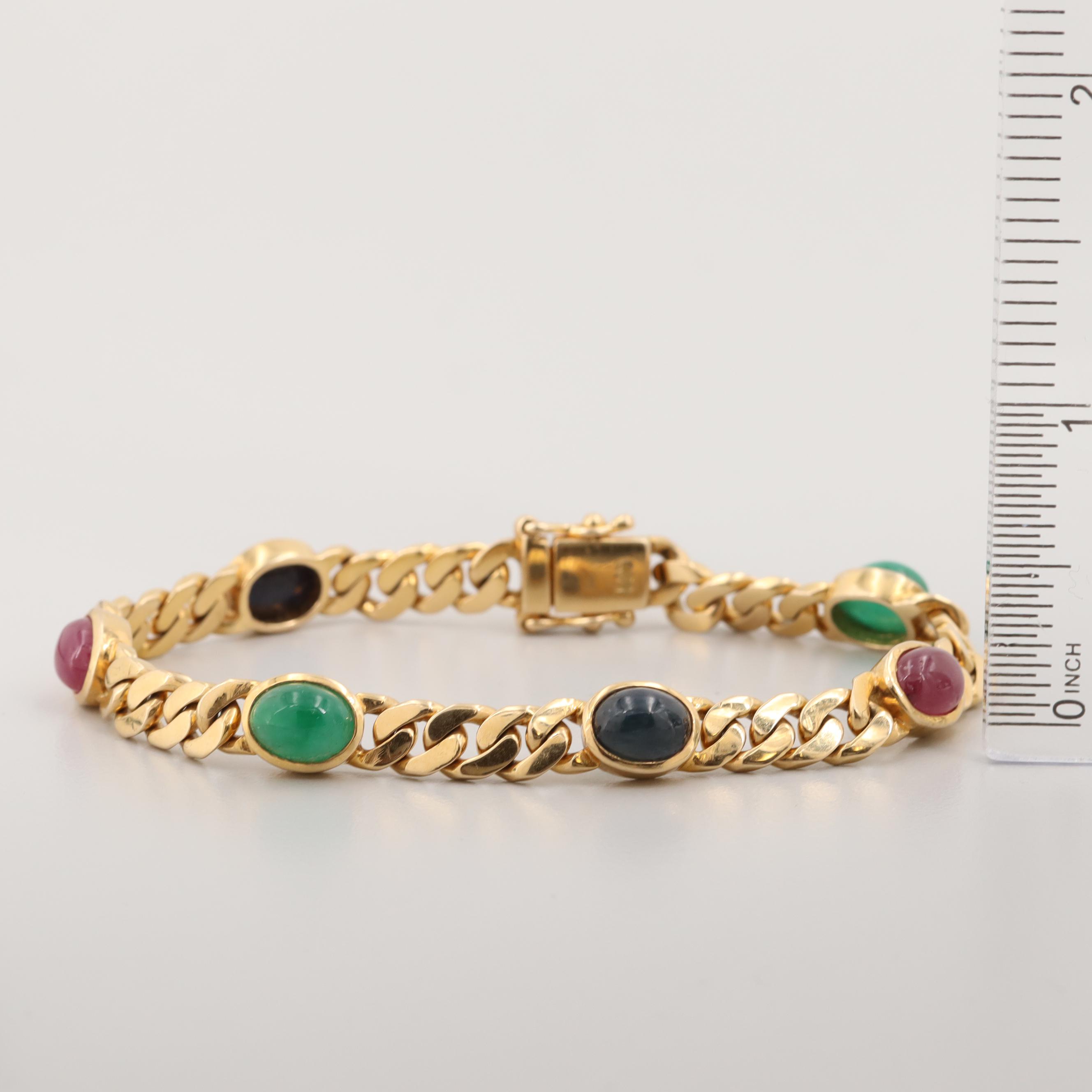 14K Yellow Gold Sapphire, Ruby and Emerald Cabochon Bracelet
