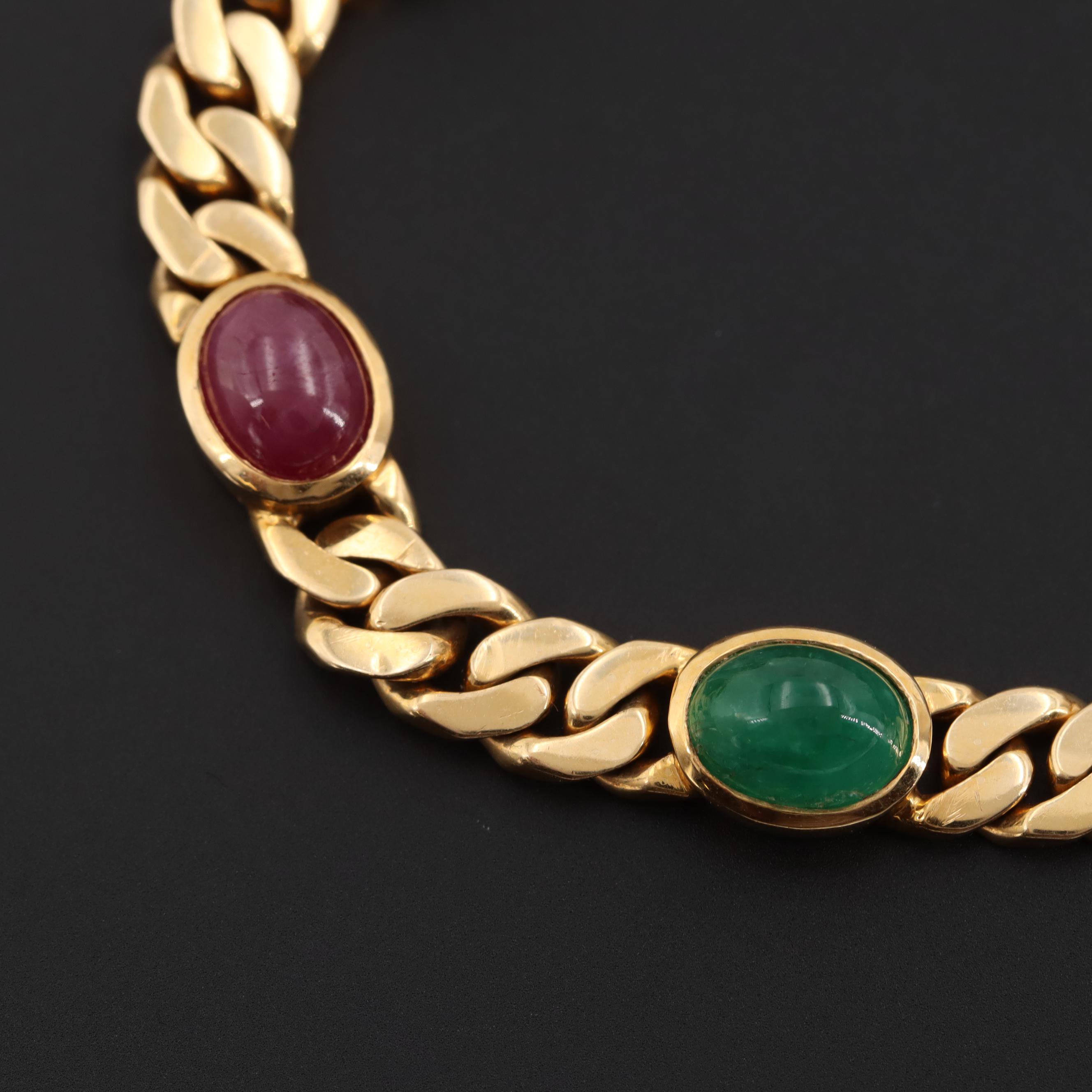 14K Yellow Gold Sapphire, Ruby and Emerald Cabochon Bracelet