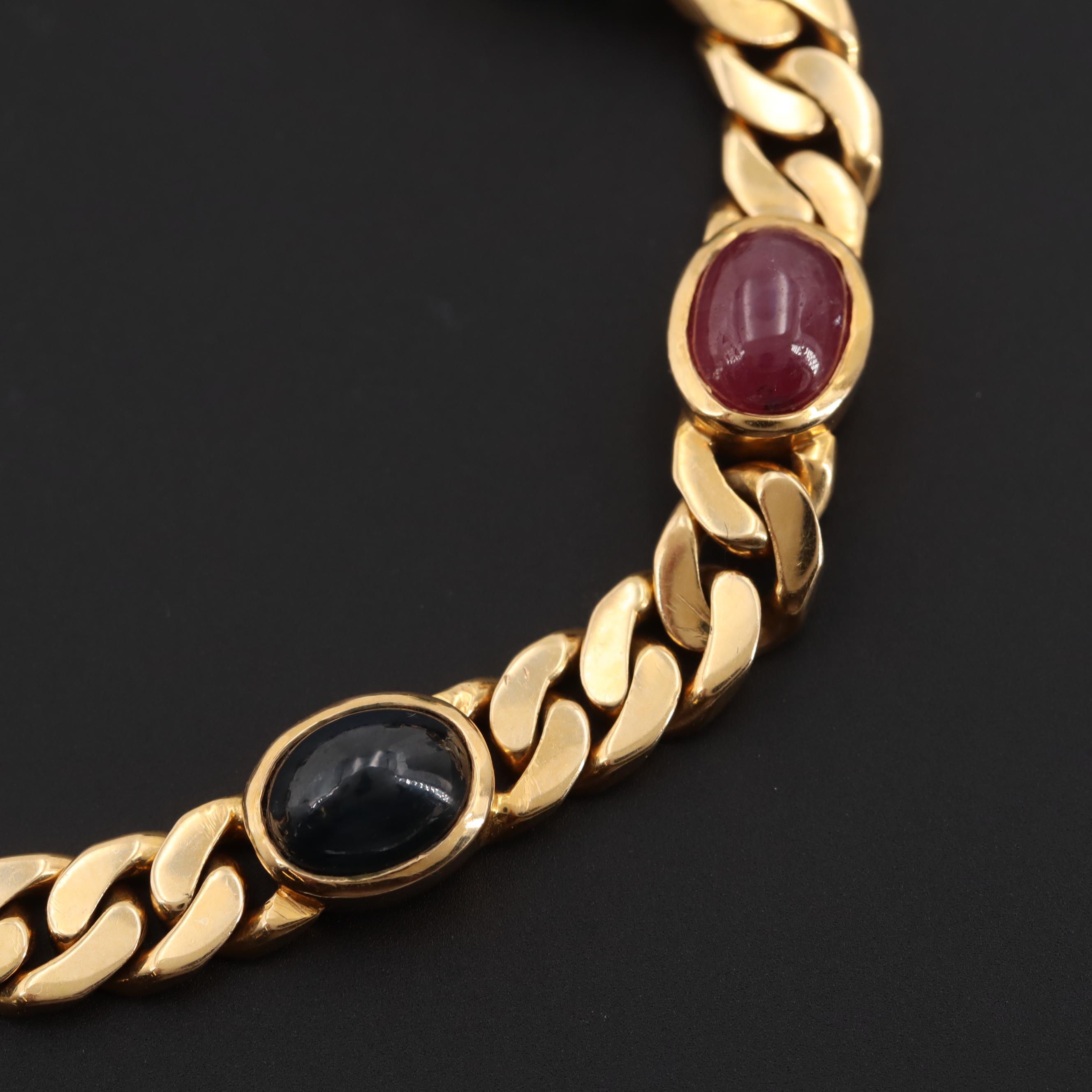 14K Yellow Gold Sapphire, Ruby and Emerald Cabochon Bracelet