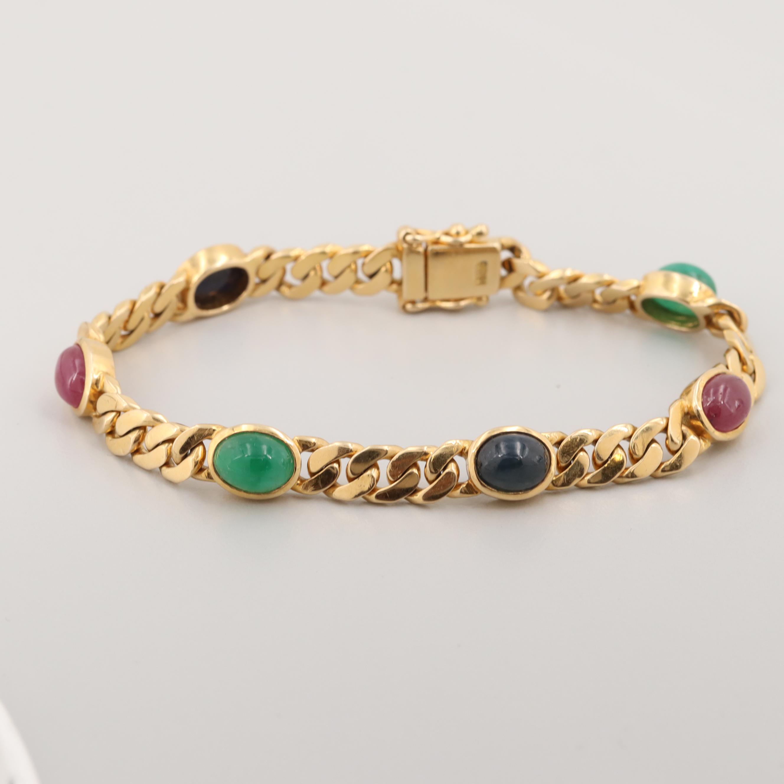 14K Yellow Gold Sapphire, Ruby and Emerald Cabochon Bracelet