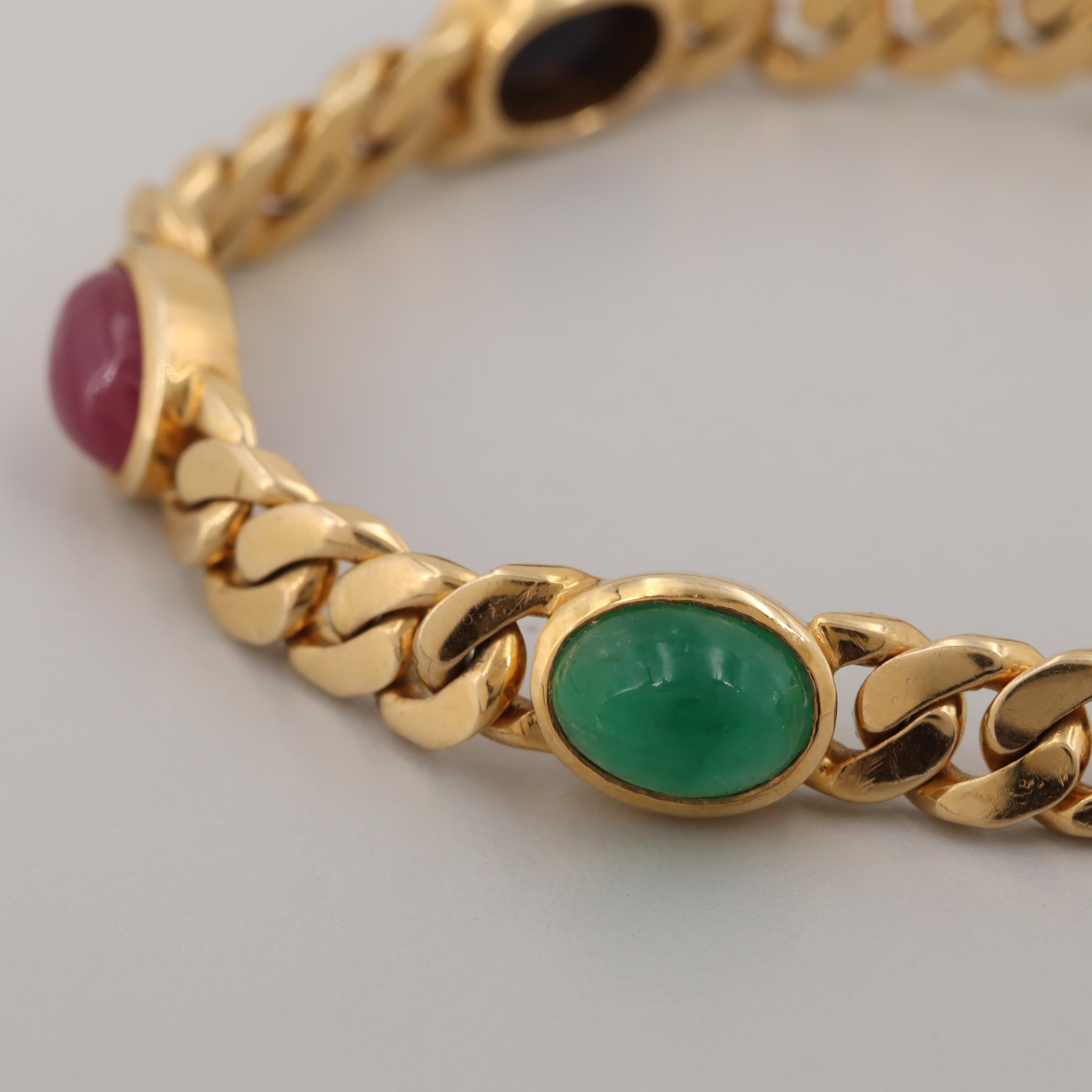 14K Yellow Gold Sapphire, Ruby and Emerald Cabochon Bracelet