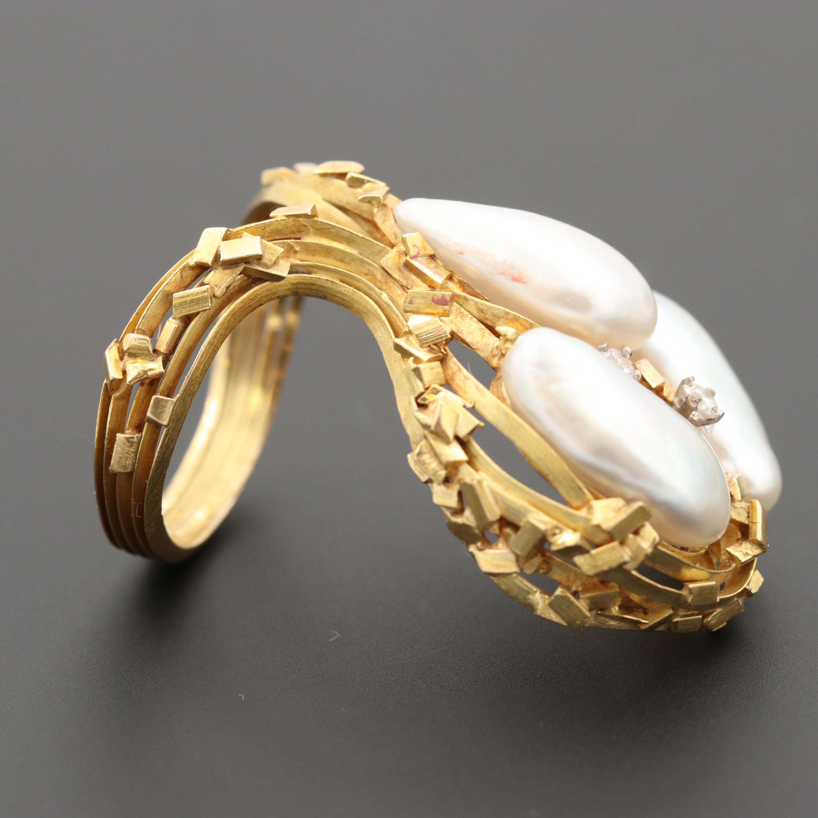 Post-Modern 18K Yellow Gold Cultured Pearl and Diamond Ring