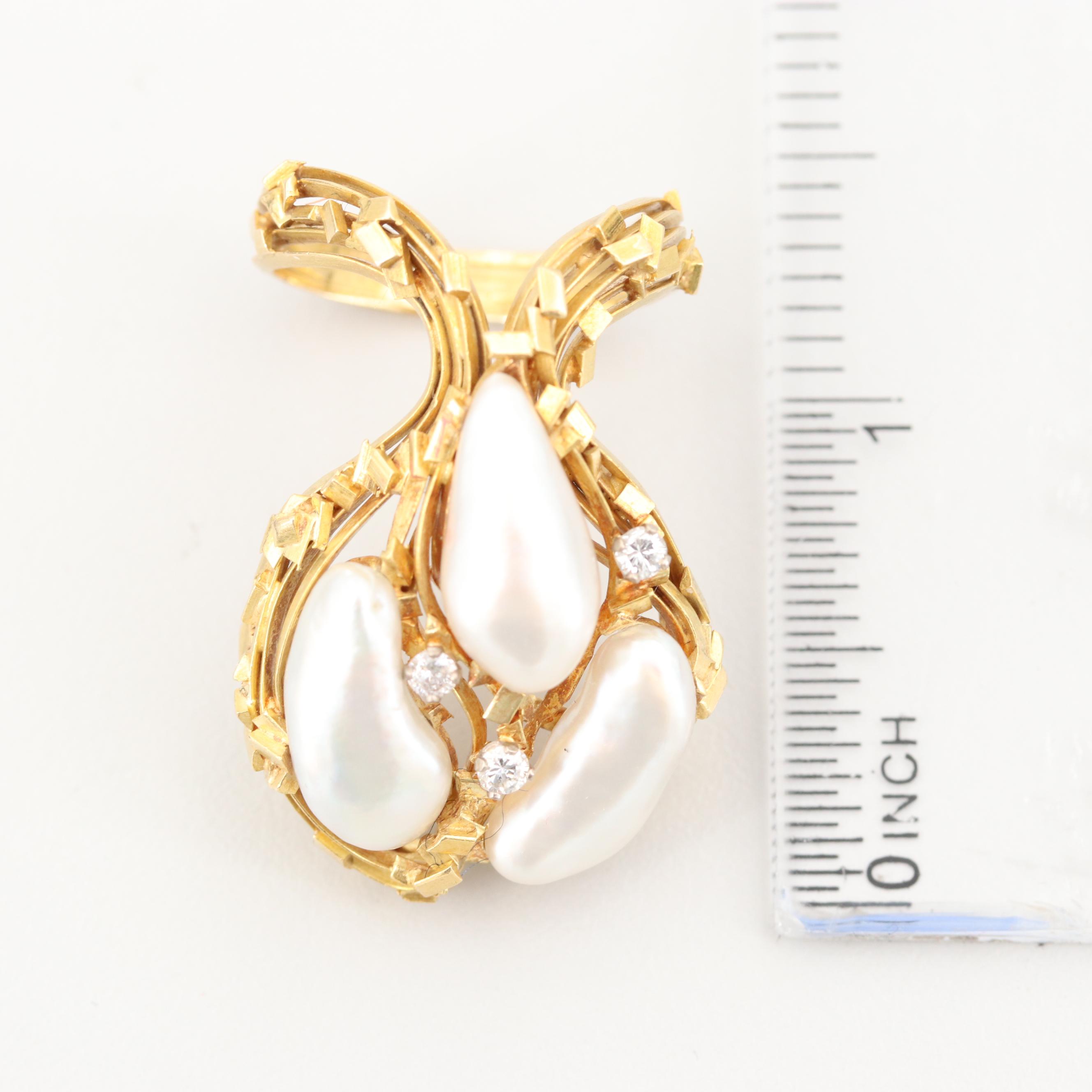 Post-Modern 18K Yellow Gold Cultured Pearl and Diamond Ring