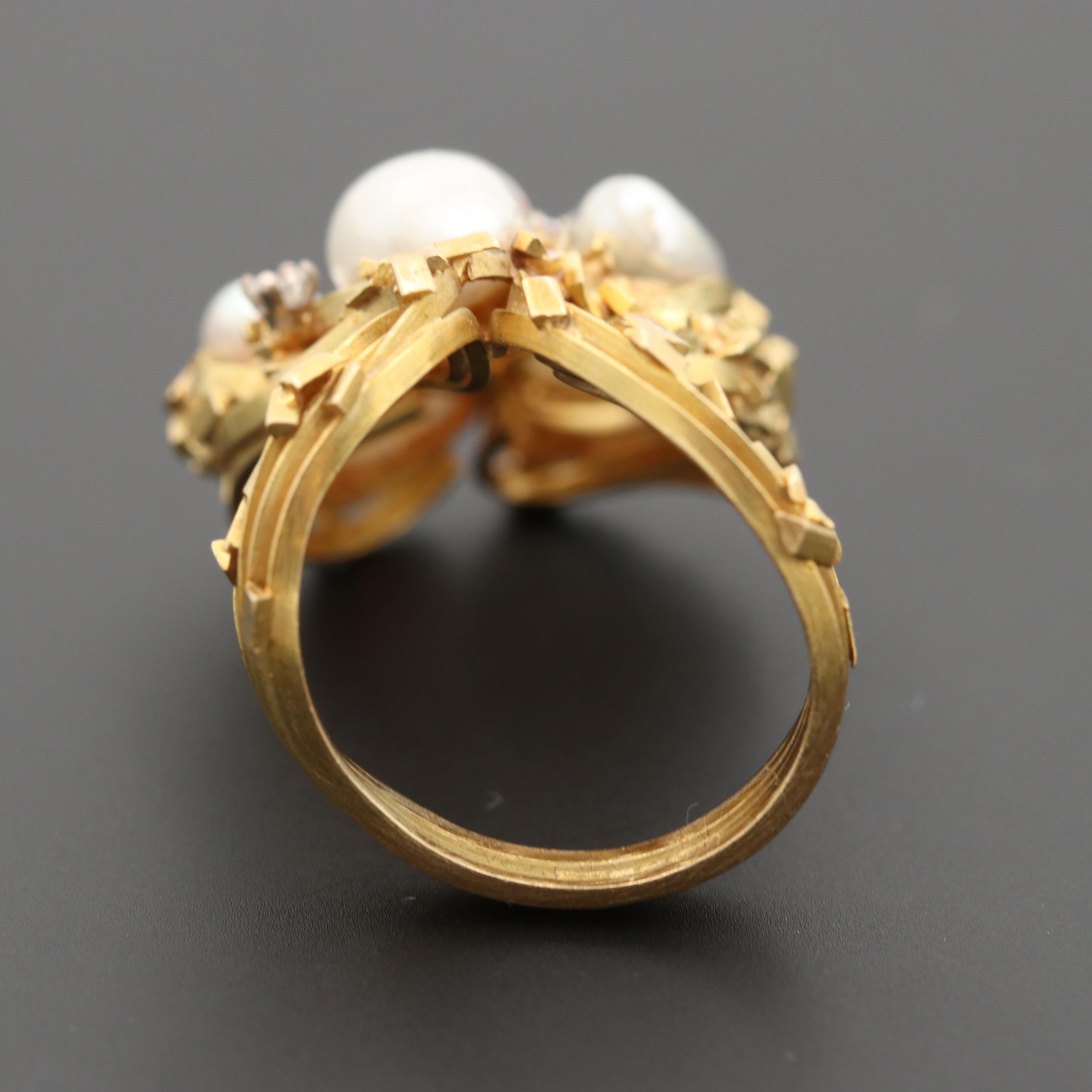 Post-Modern 18K Yellow Gold Cultured Pearl and Diamond Ring
