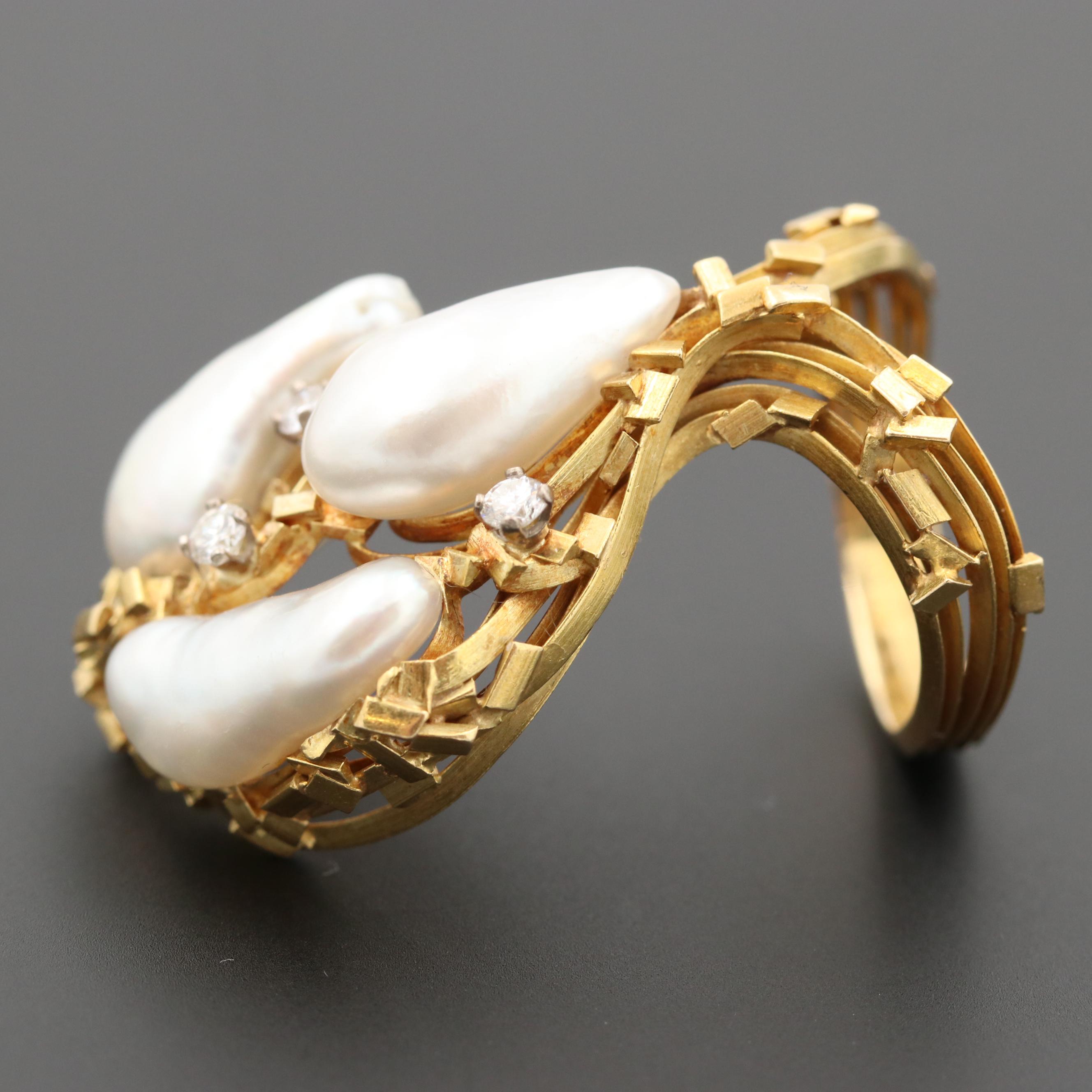 Post-Modern 18K Yellow Gold Cultured Pearl and Diamond Ring