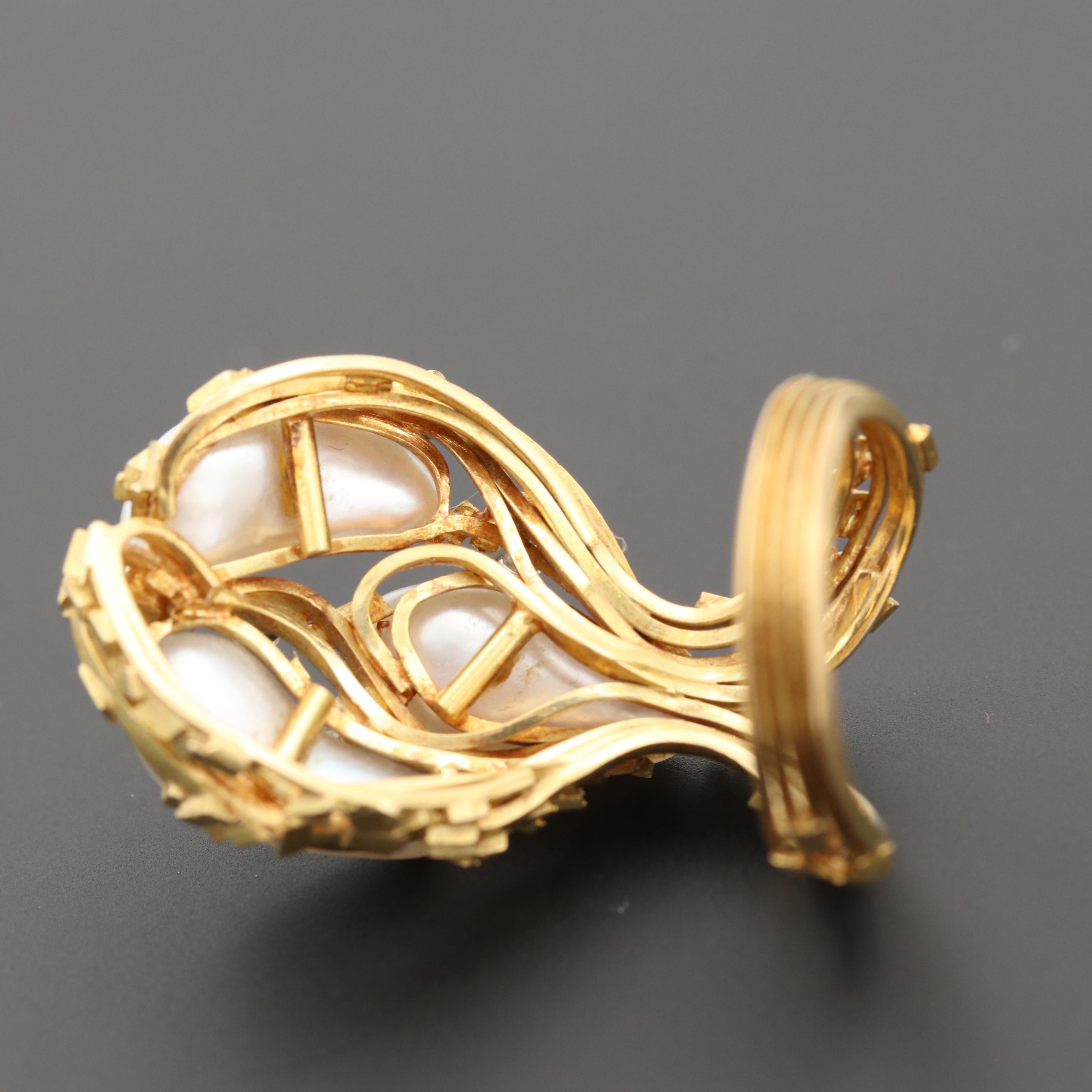 Post-Modern 18K Yellow Gold Cultured Pearl and Diamond Ring