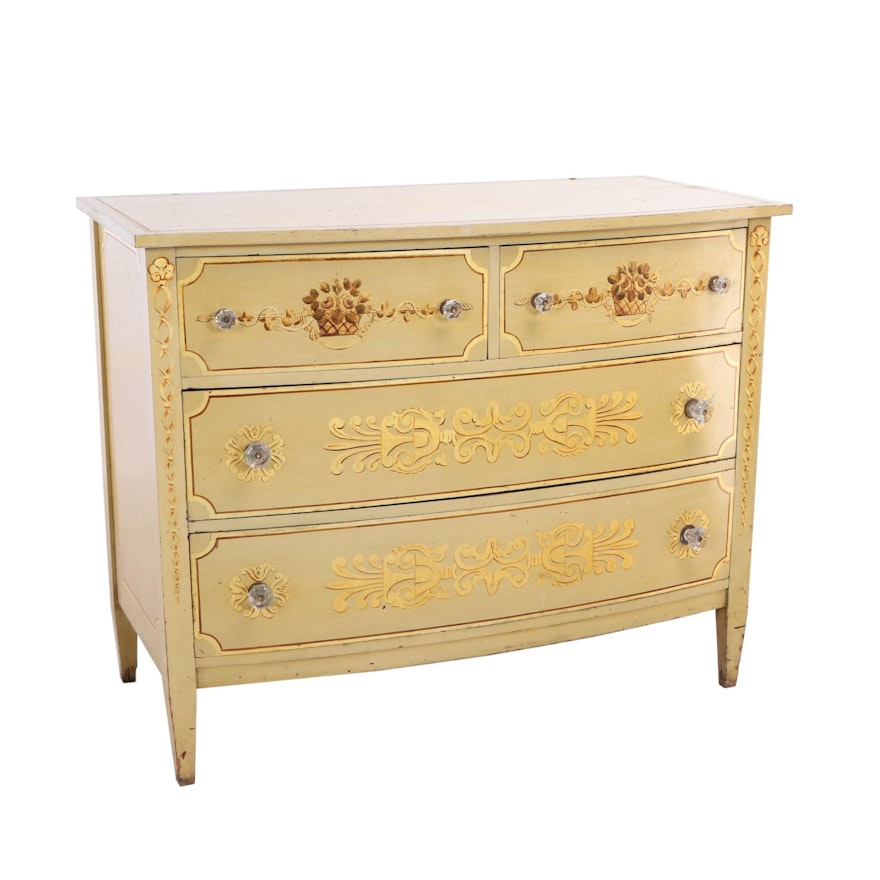 Paint-Decorated and Parcel-Gilt Bowfront Chest of Drawers, Early 20th Century