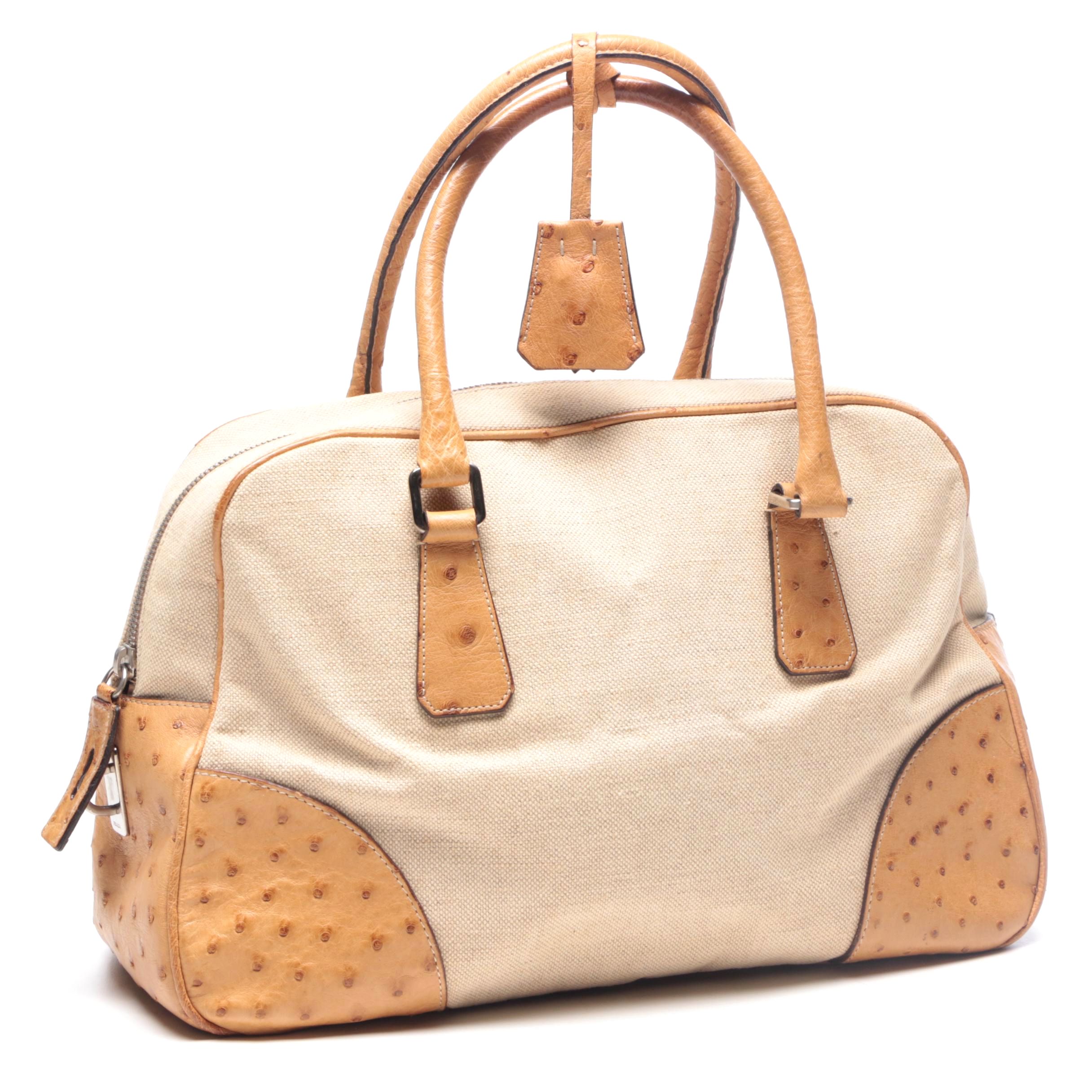 Prada Beige Canvas Satchel with Ostrich Leather Trim