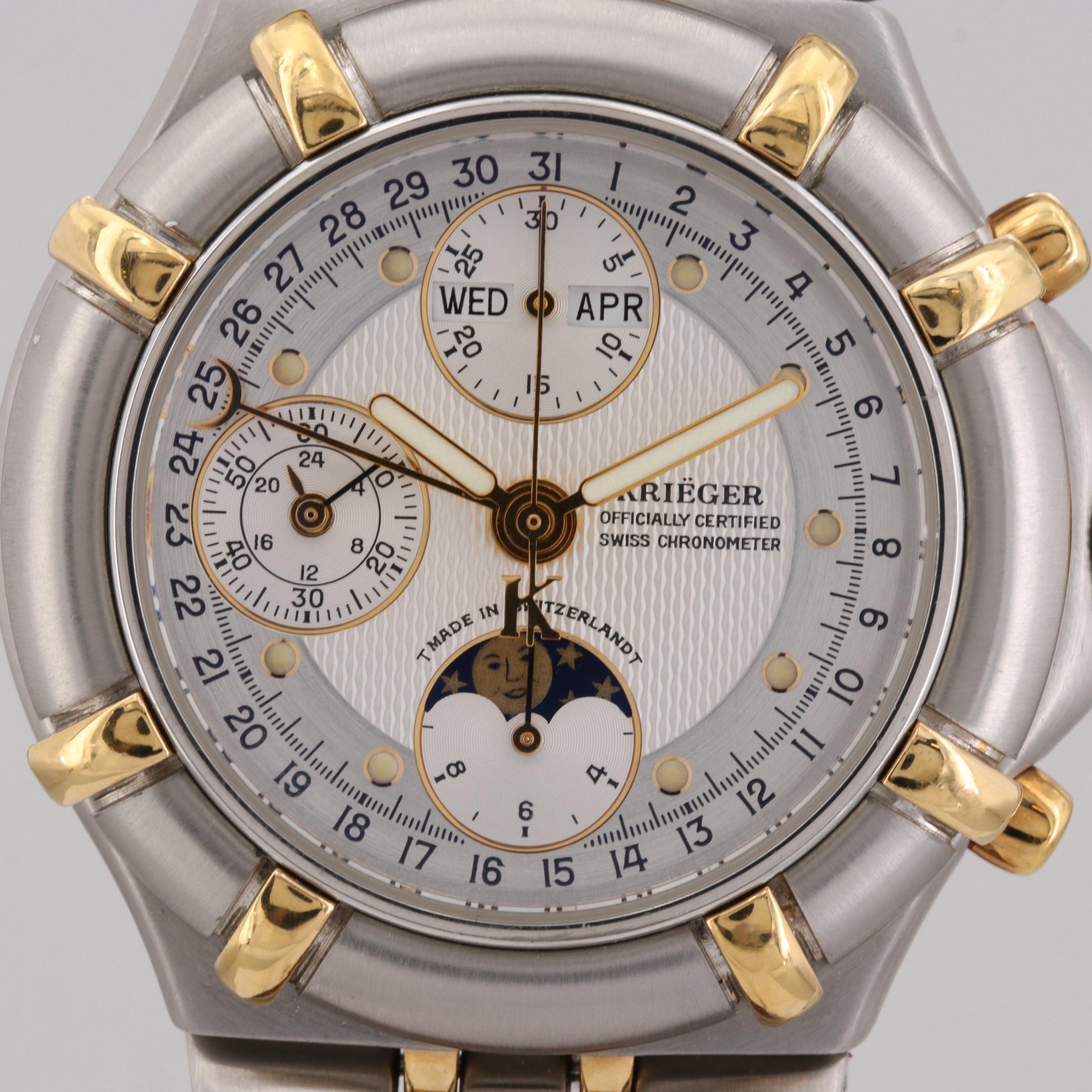 Krieger Aficionado Stainless Steel and 18K Gold Moon Phase  Automatic Watch
