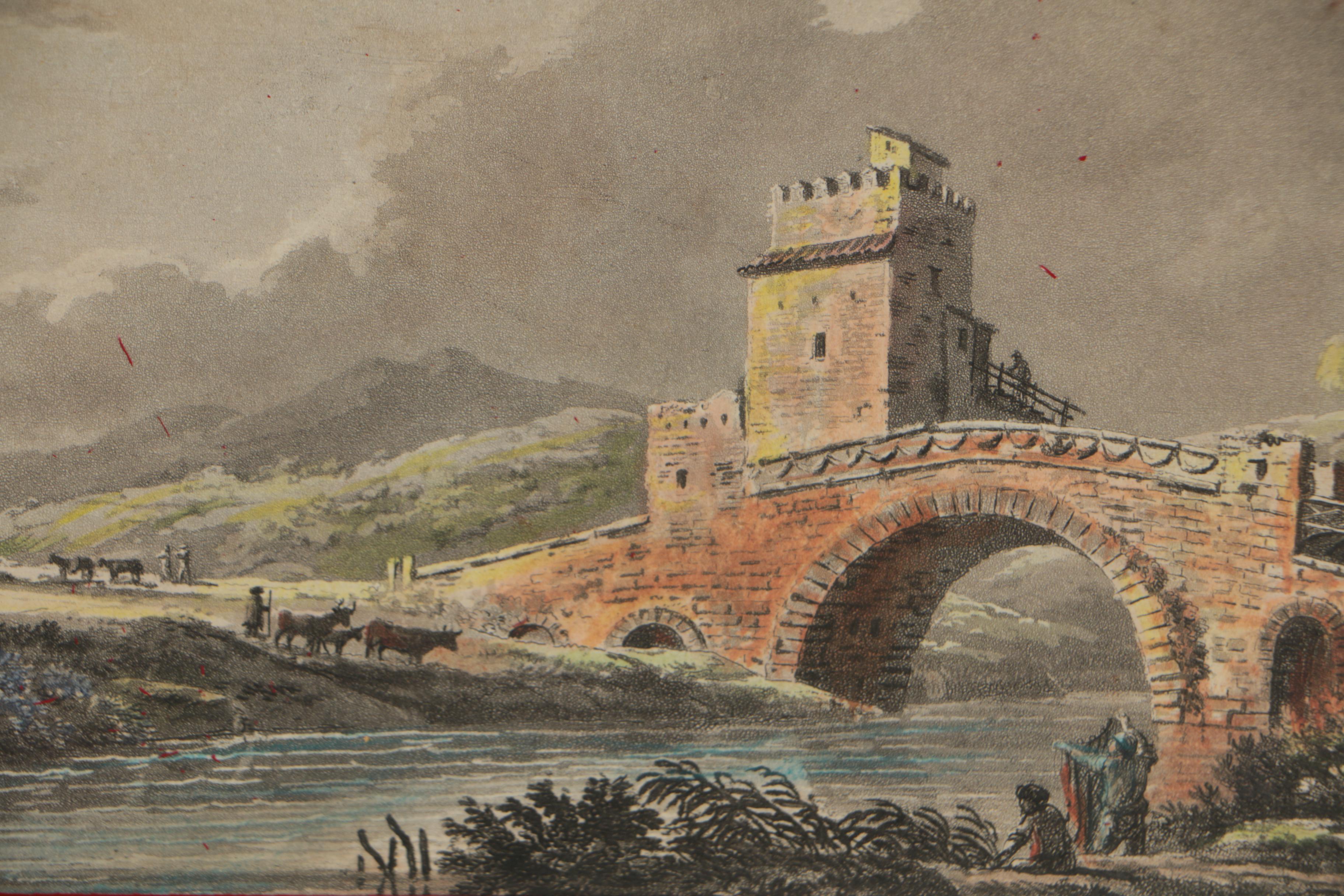James Merigot Hand-Colored Etchings "Ponte Salaro" and "Trophy of Marius"