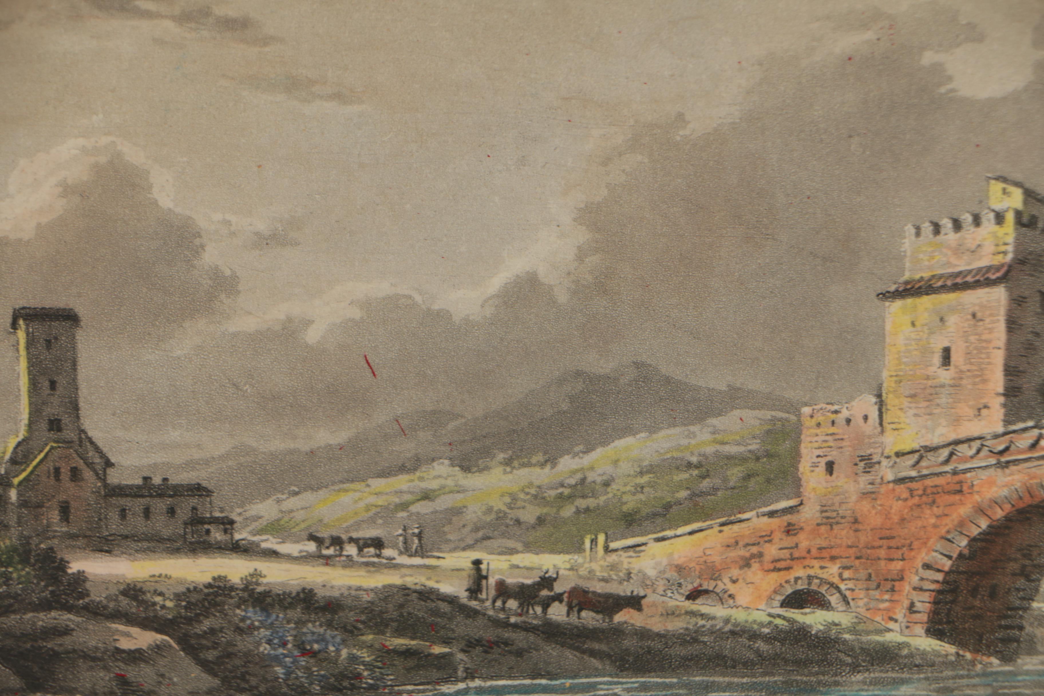 James Merigot Hand-Colored Etchings "Ponte Salaro" and "Trophy of Marius"