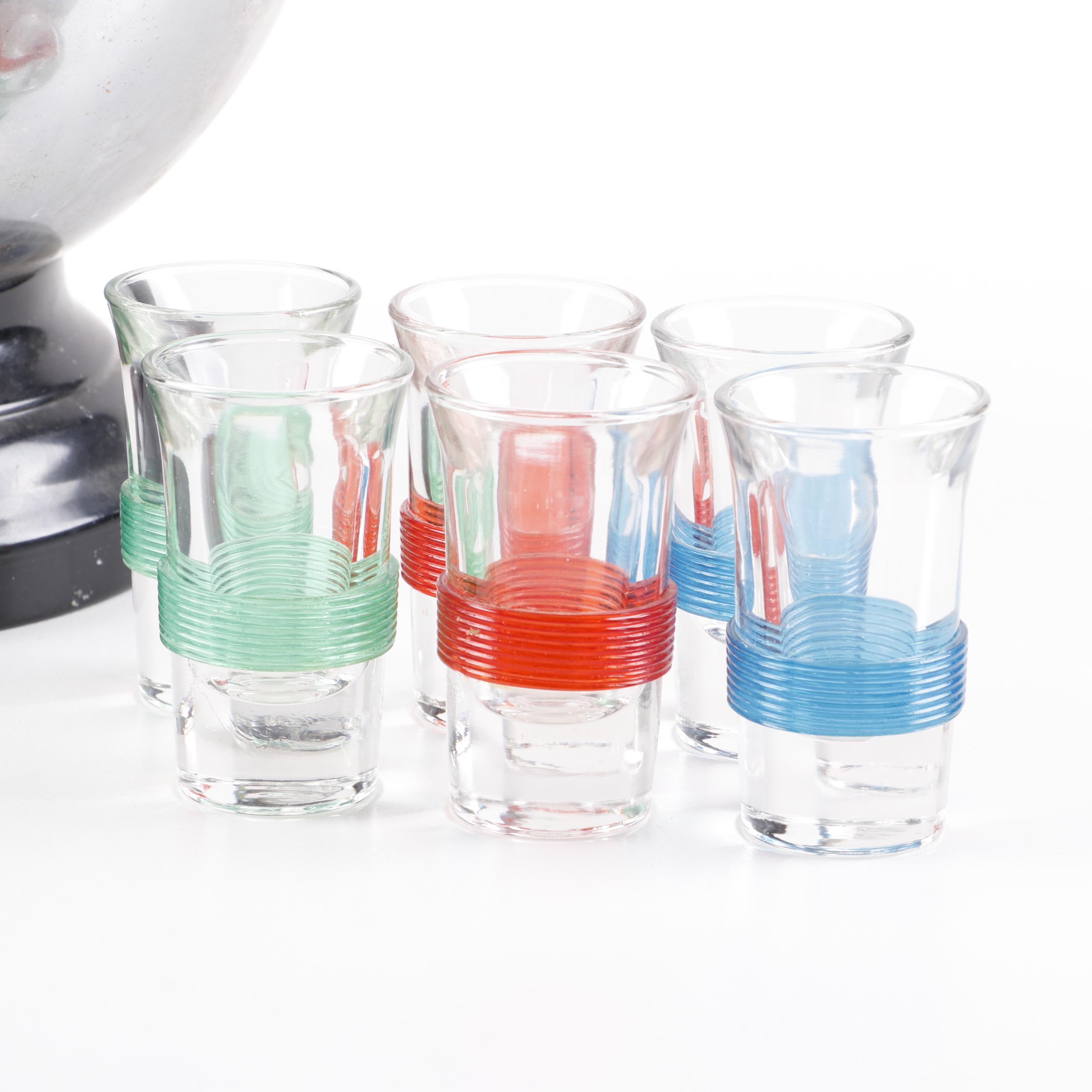 Mid-Century Chrome Bowling Ball Pump Liquor Dispenser with Shot Glasses