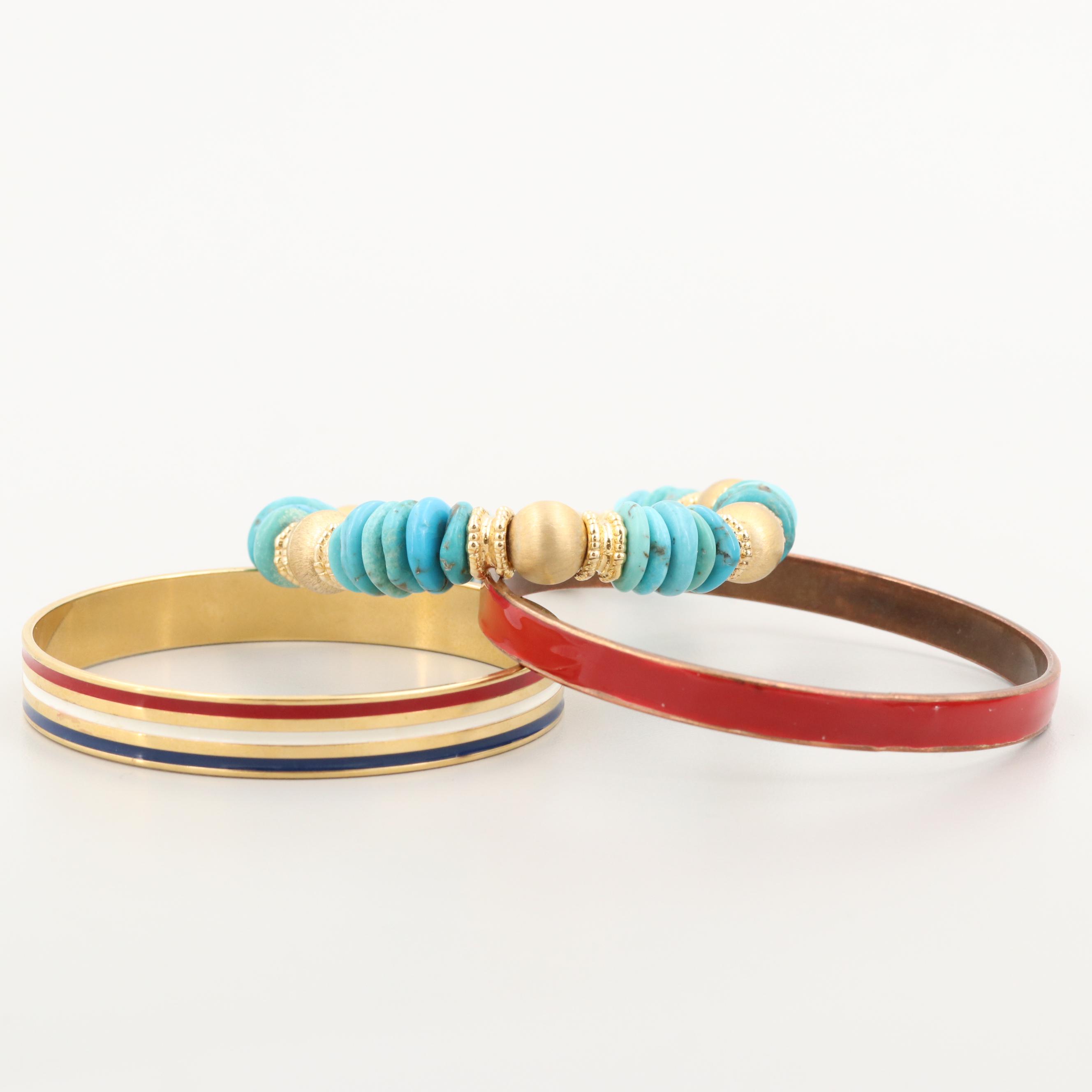 Gold Wash on Sterling Silver and Gold Tone Enamel and Turquoise Bangle Bracelets