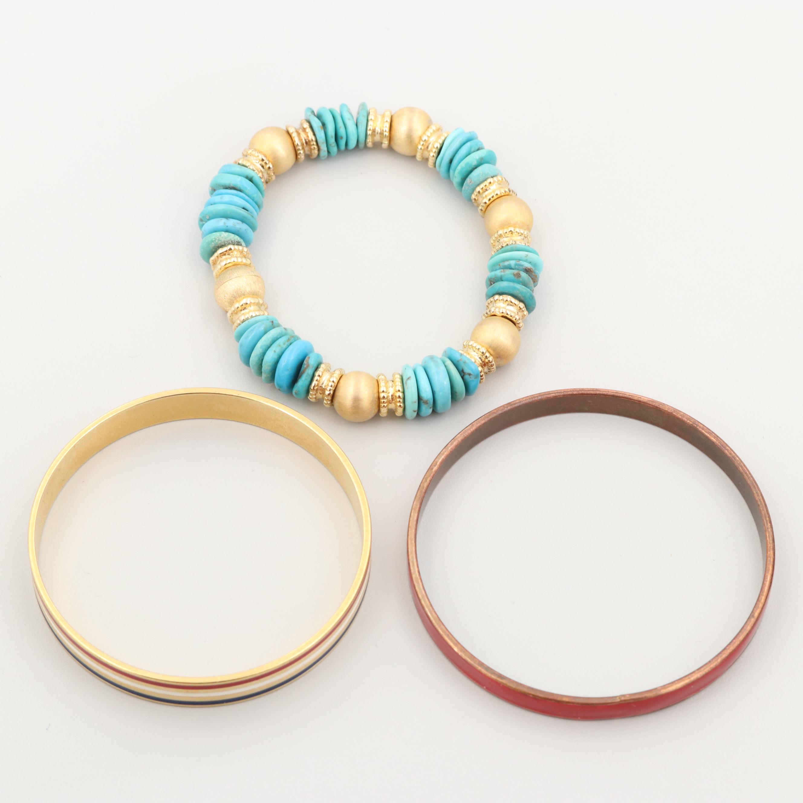 Gold Wash on Sterling Silver and Gold Tone Enamel and Turquoise Bangle Bracelets