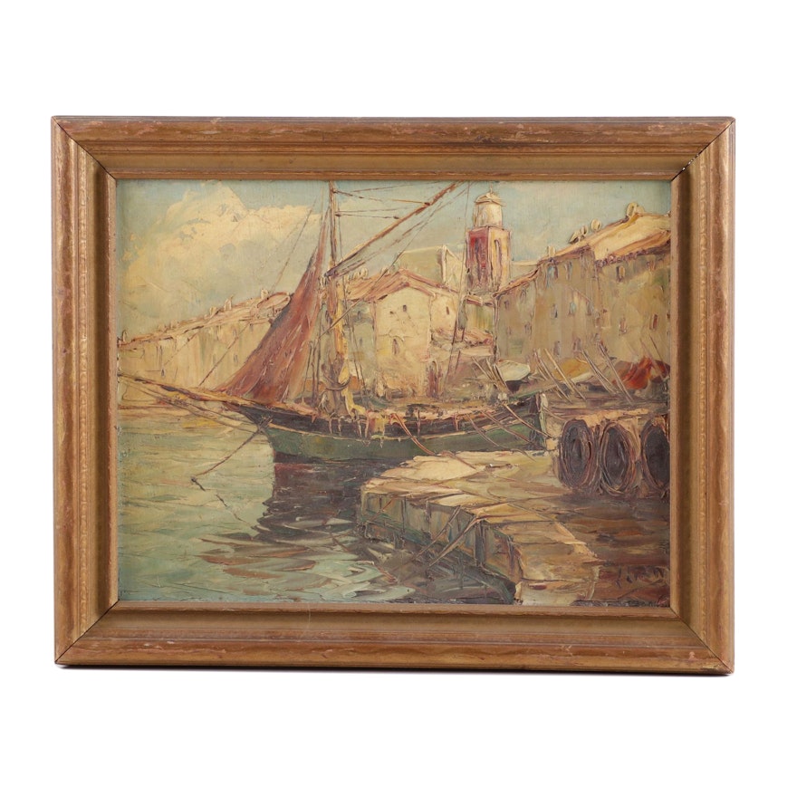 Mid 20th Century Oil Painting of Harbor Scene