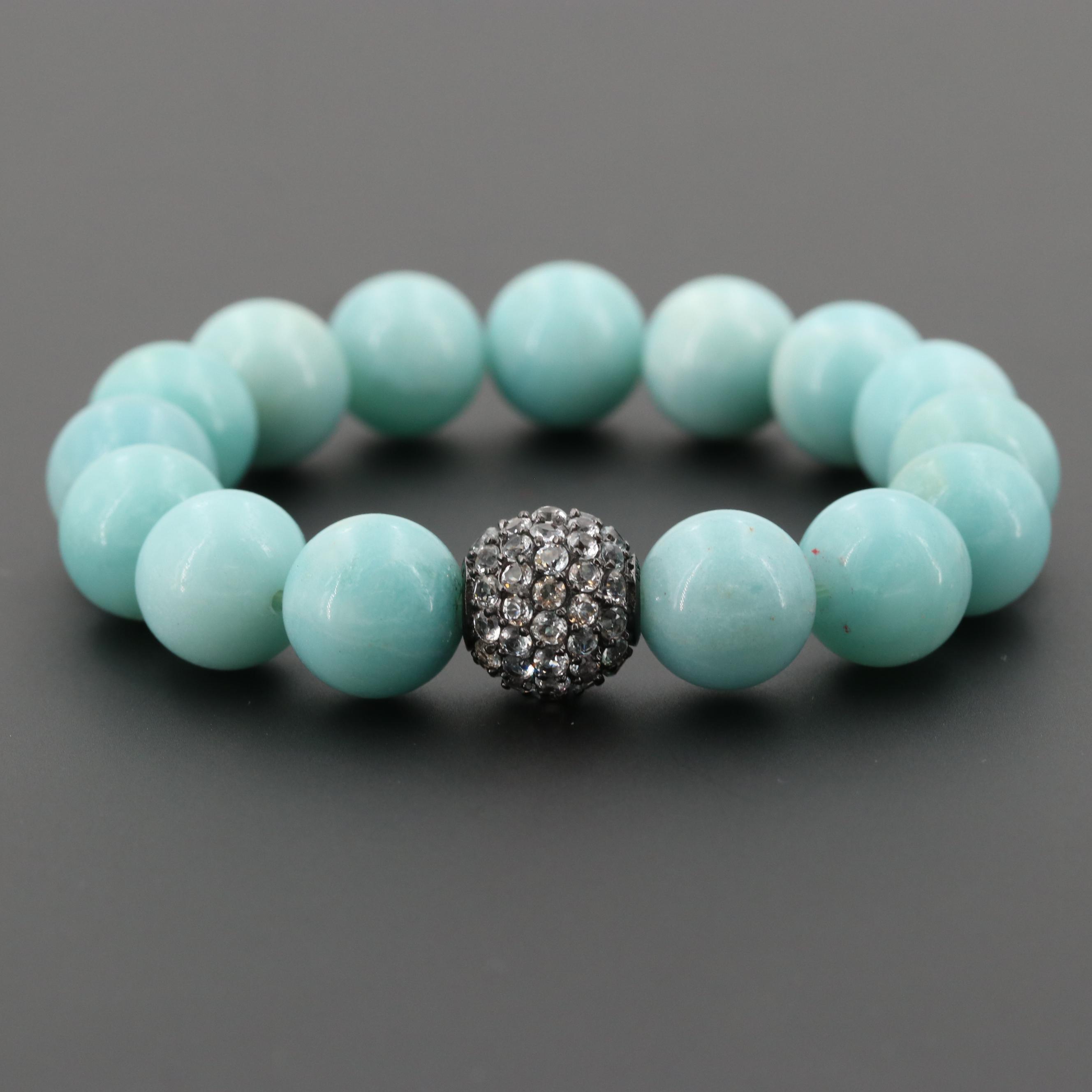 Sterling Silver Blue Topaz and Beryl Beaded Expandable Bracelet