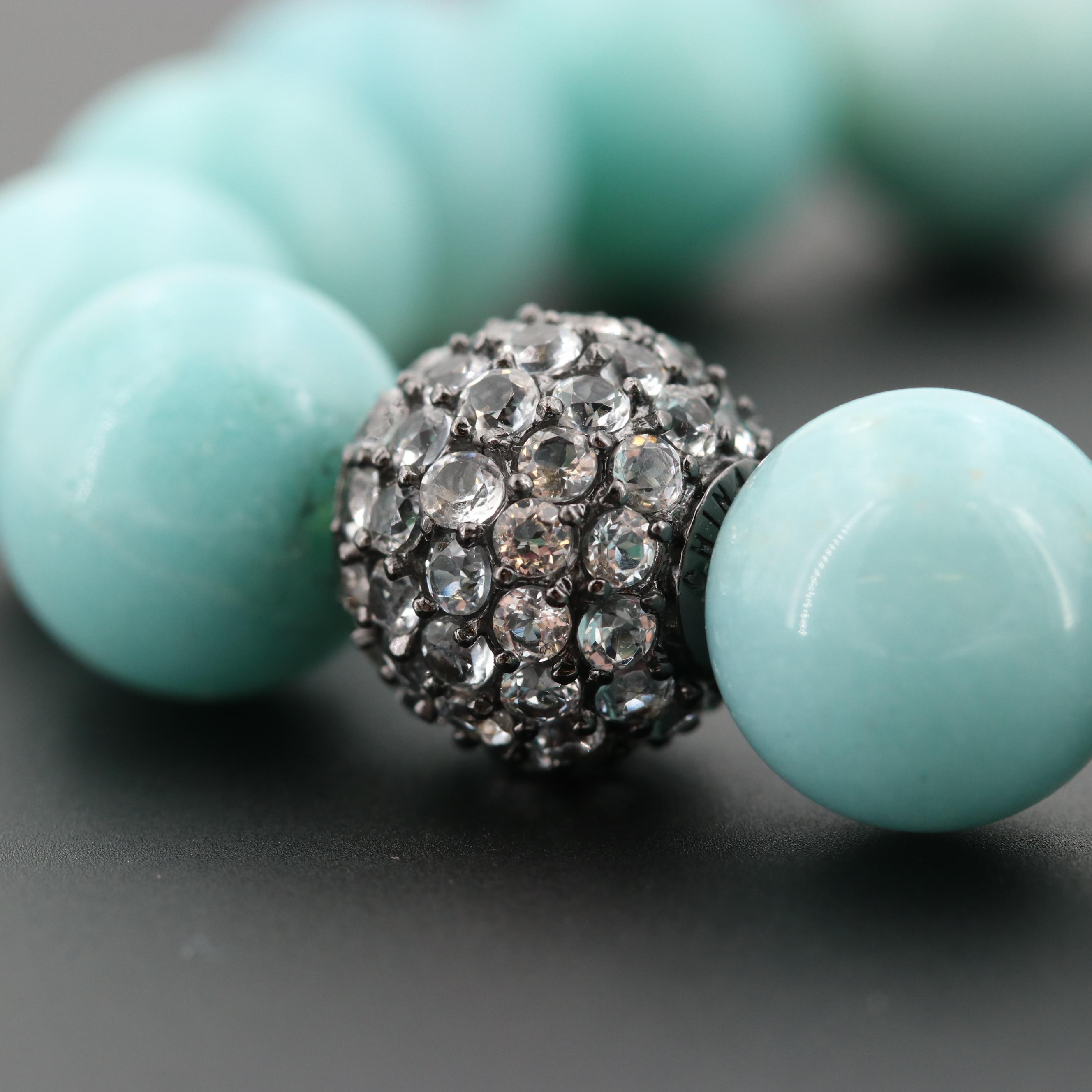 Sterling Silver Blue Topaz and Beryl Beaded Expandable Bracelet