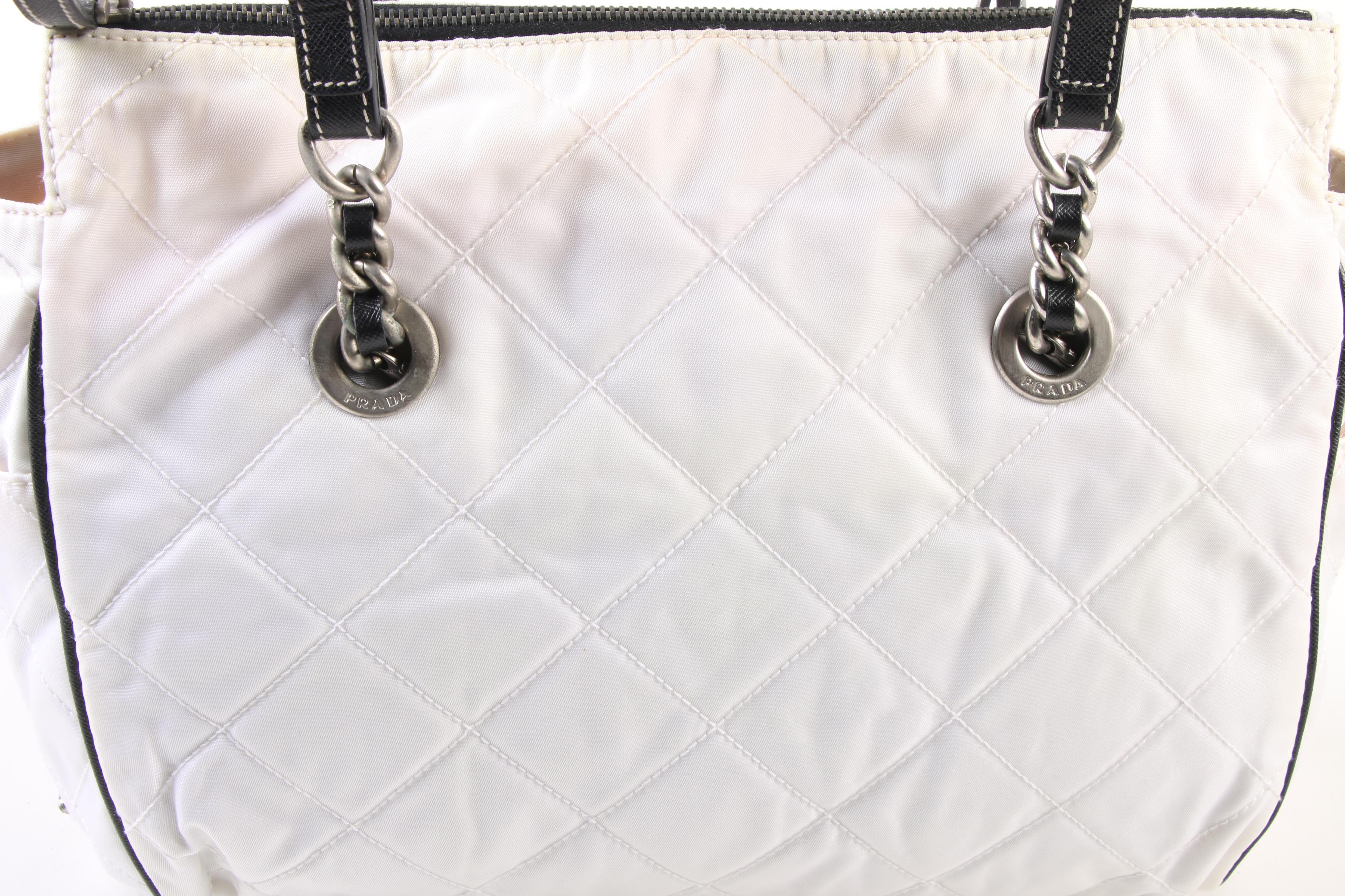 Prada Impunturato Vin Shoulder Bag in White Nylon and Black Saffiano Leather