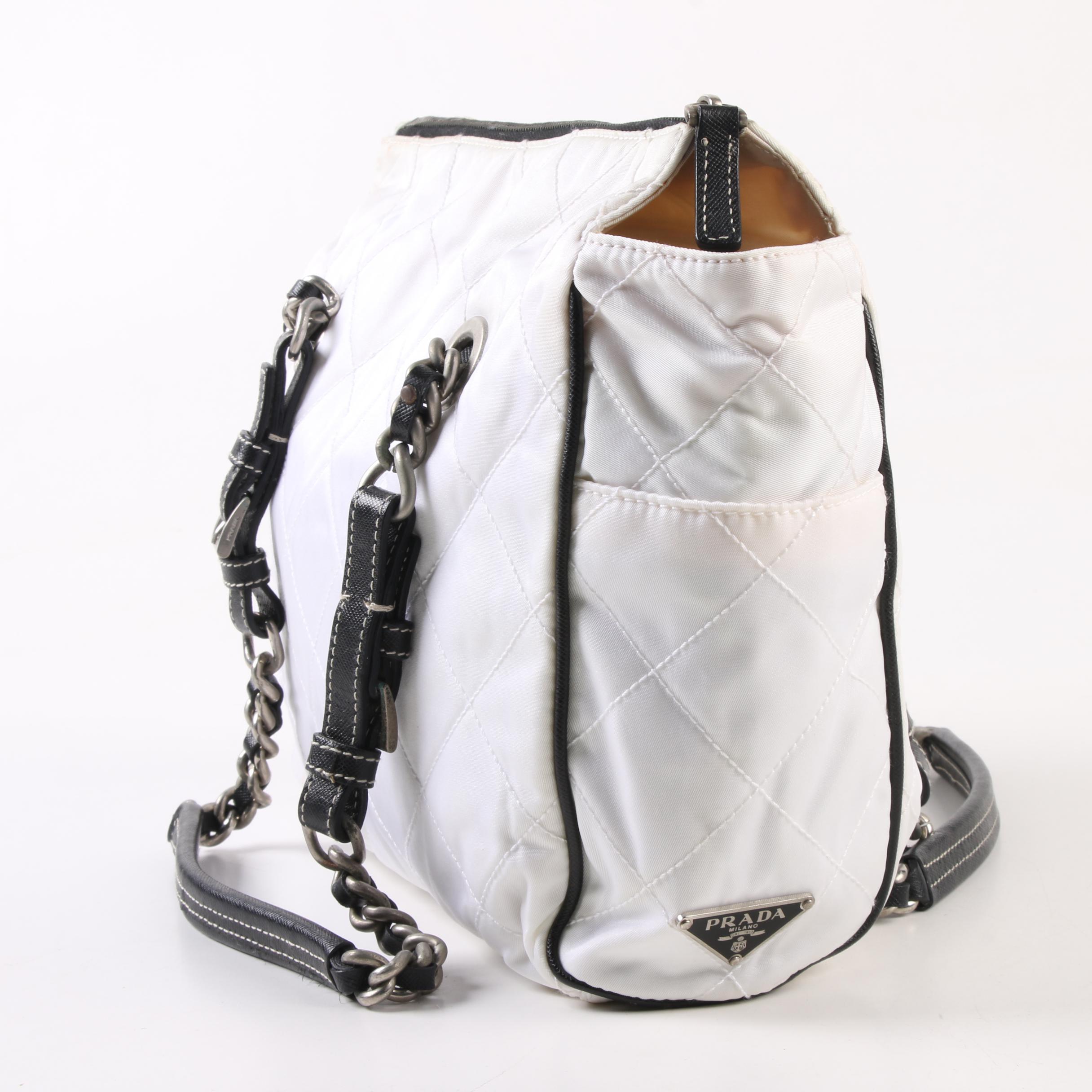 Prada Impunturato Vin Shoulder Bag in White Nylon and Black Saffiano Leather