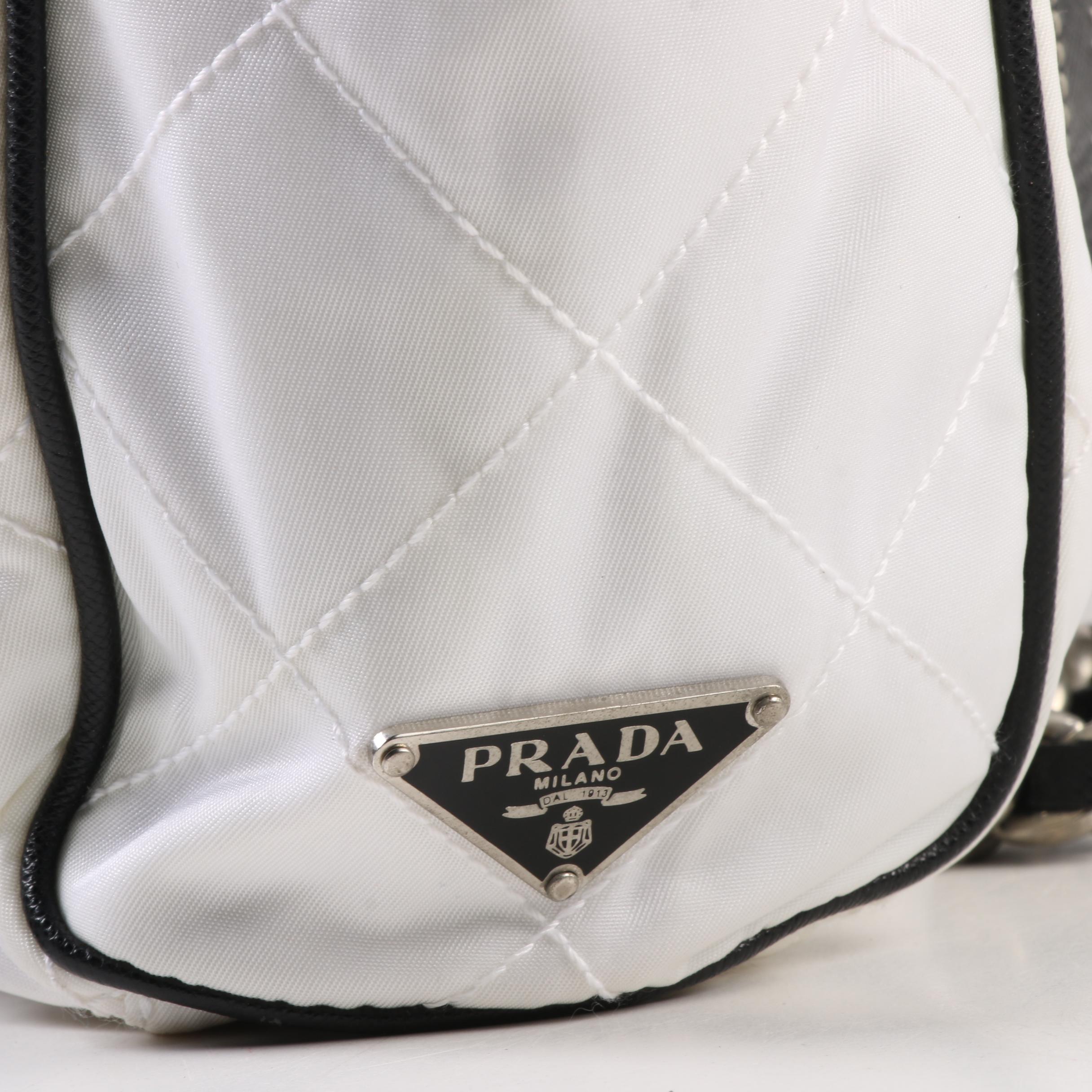 Prada Impunturato Vin Shoulder Bag in White Nylon and Black Saffiano Leather
