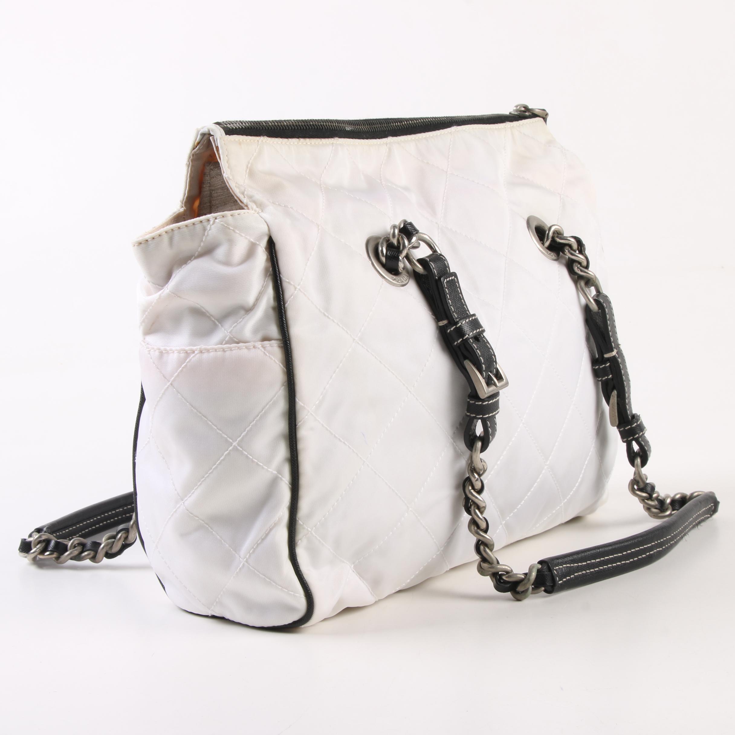 Prada Impunturato Vin Shoulder Bag in White Nylon and Black Saffiano Leather