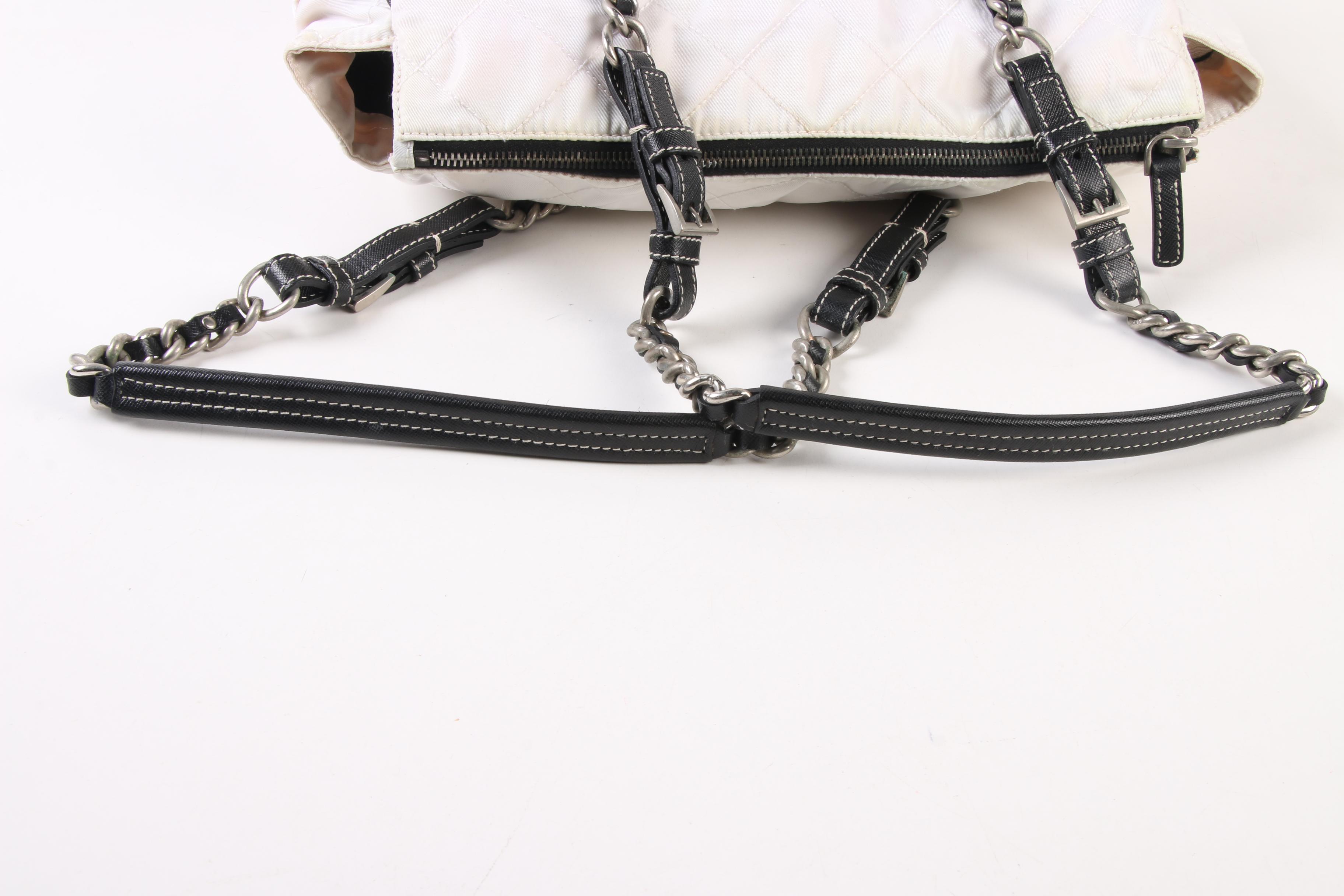 Prada Impunturato Vin Shoulder Bag in White Nylon and Black Saffiano Leather
