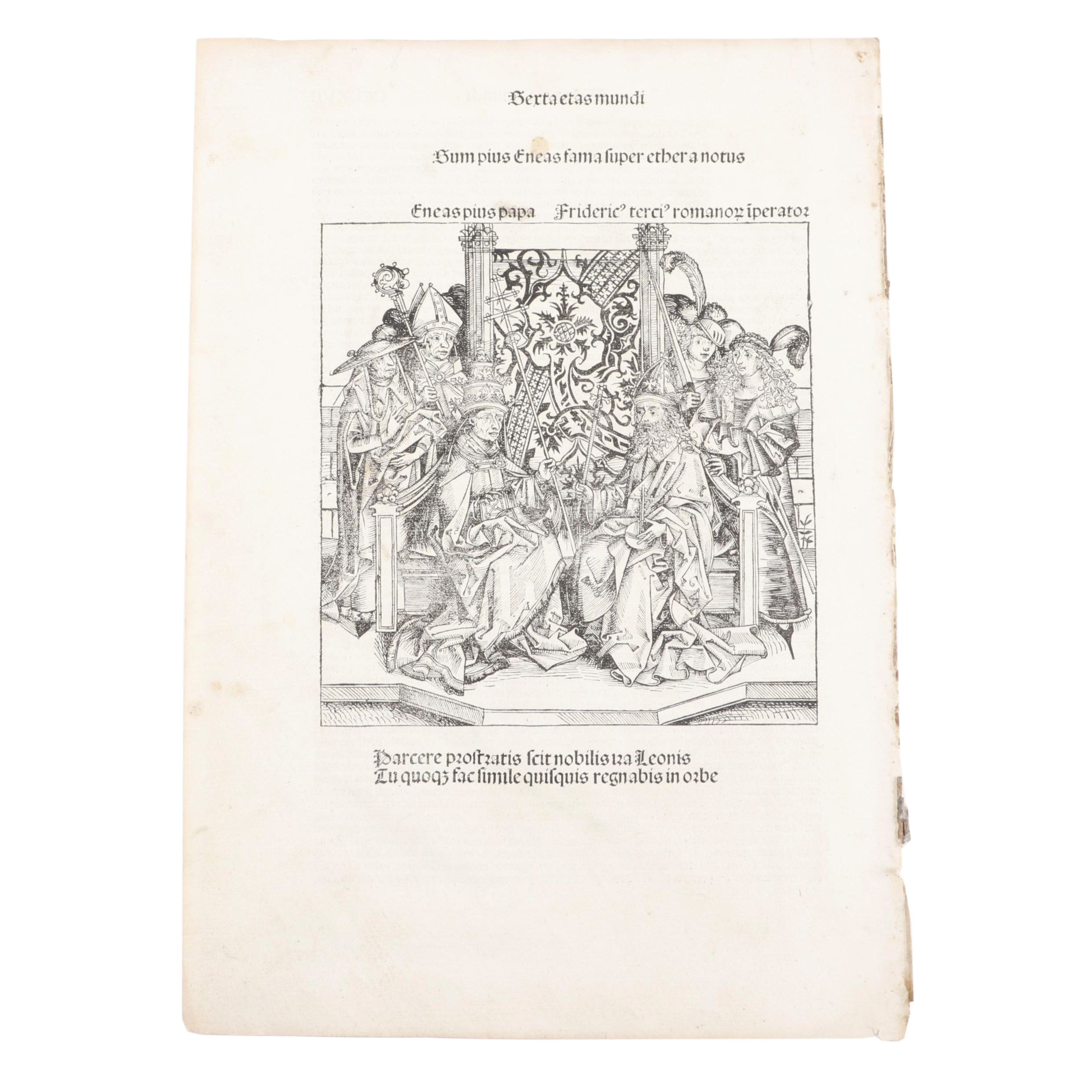 Leaf from circa 1493 "Nuremberg Chronicle" with Pope Pius II & Frederick III