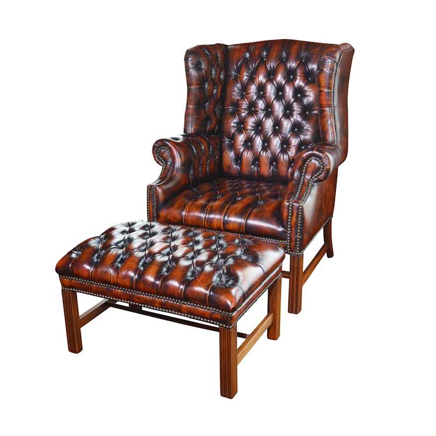Tufted Wingback Mottled Leather Library Chair and Ottoman, Contemporary
