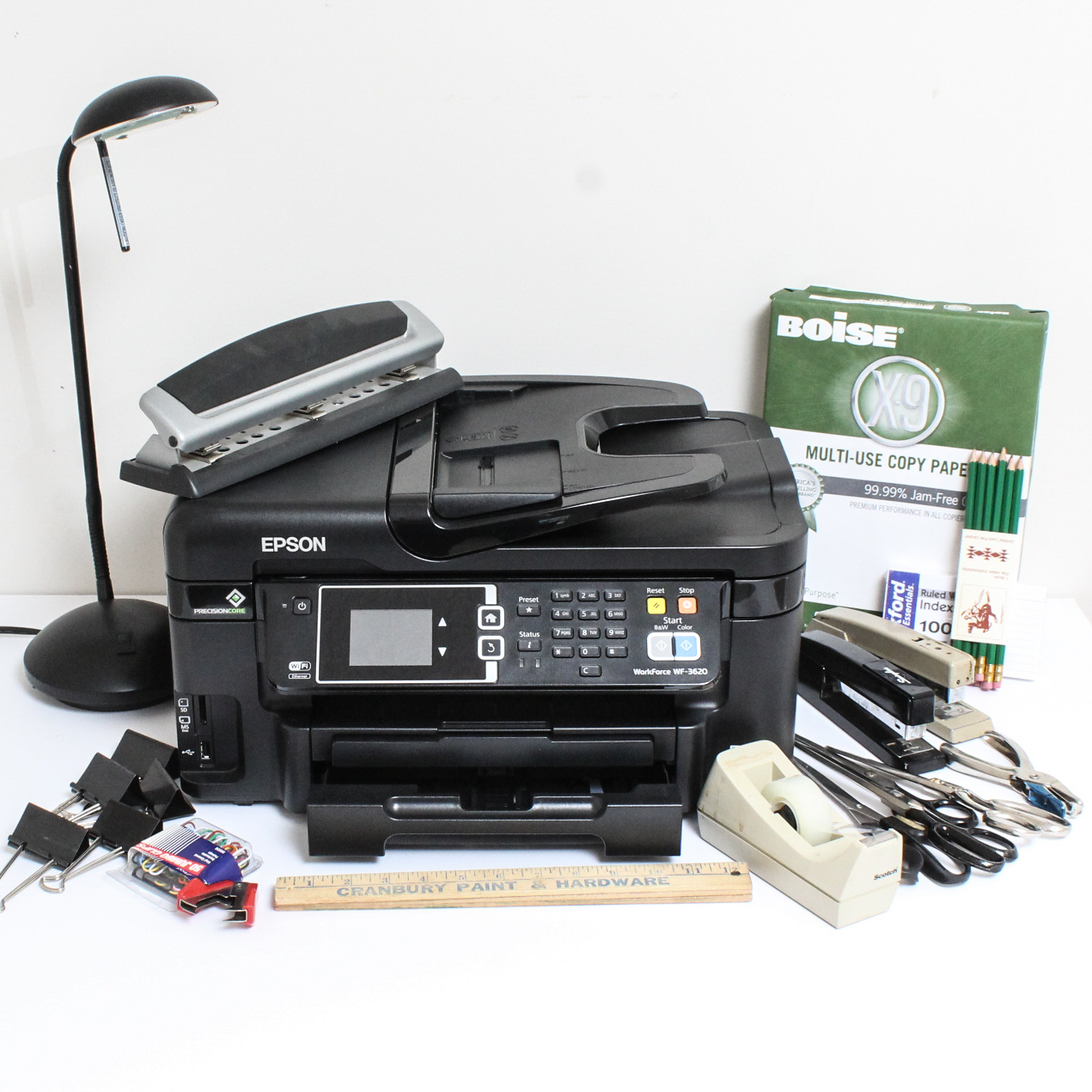 Epson Printer, Desk Lamp and Office Supplies
