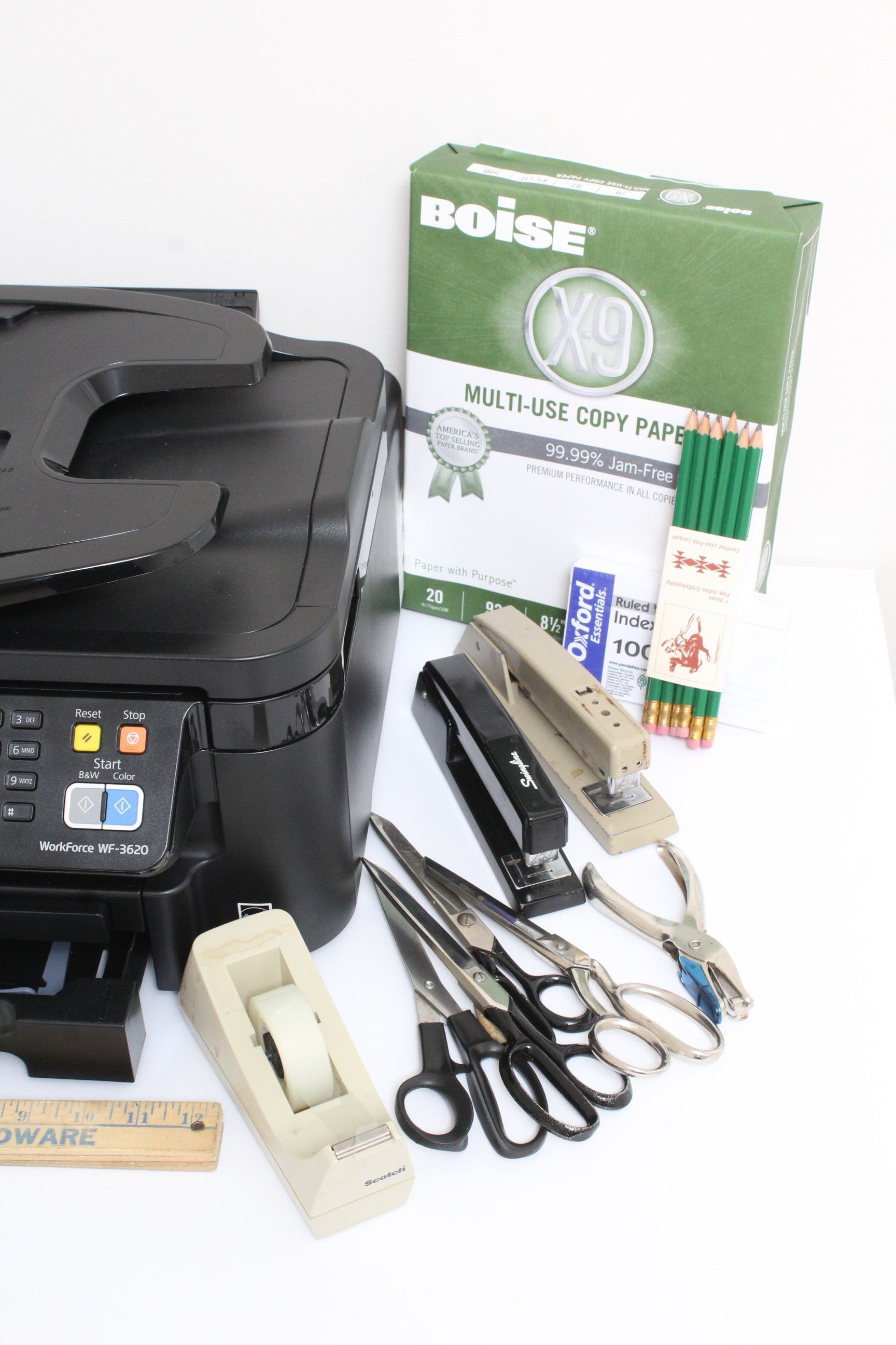 Epson Printer, Desk Lamp and Office Supplies