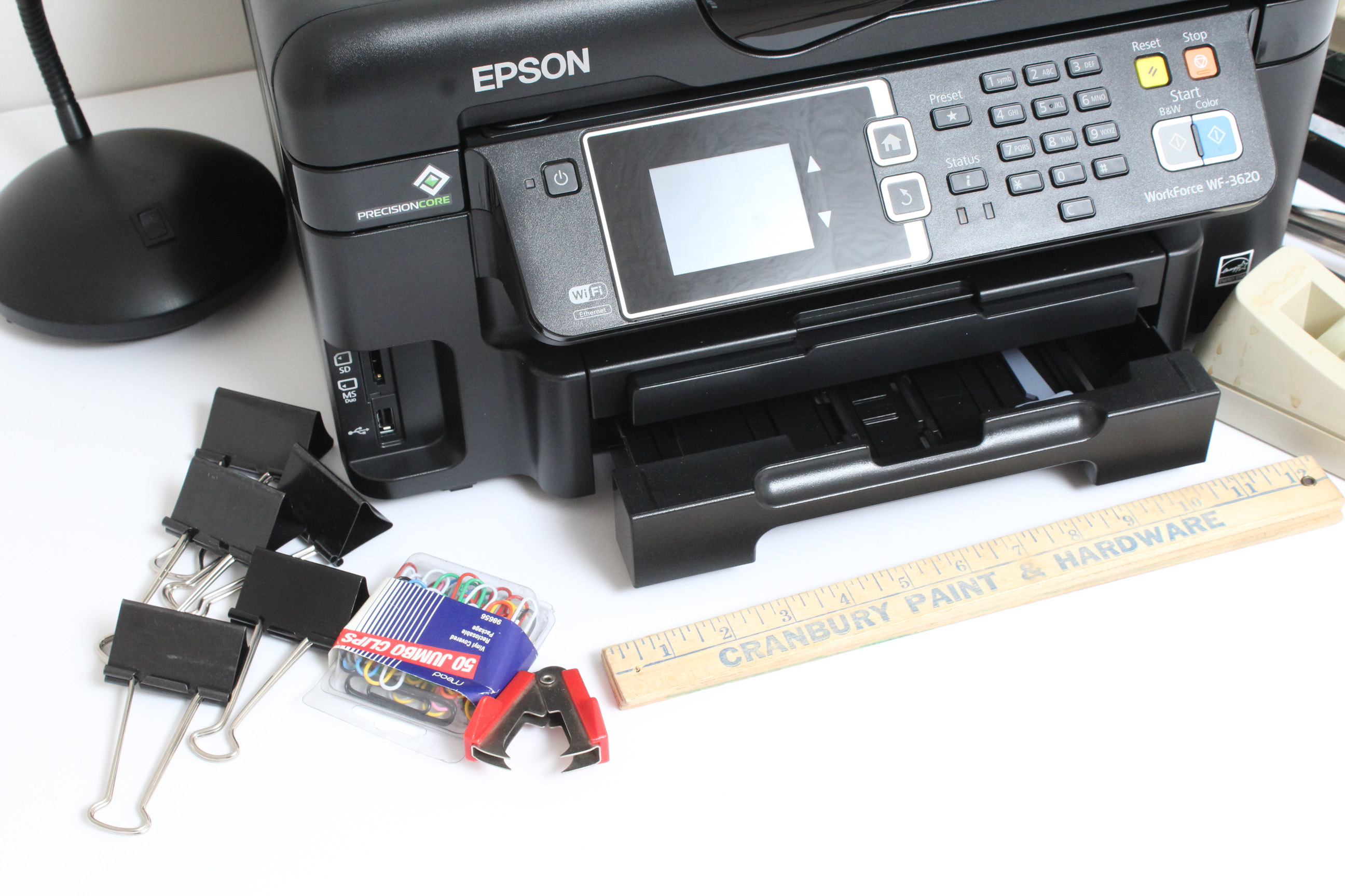 Epson Printer, Desk Lamp and Office Supplies