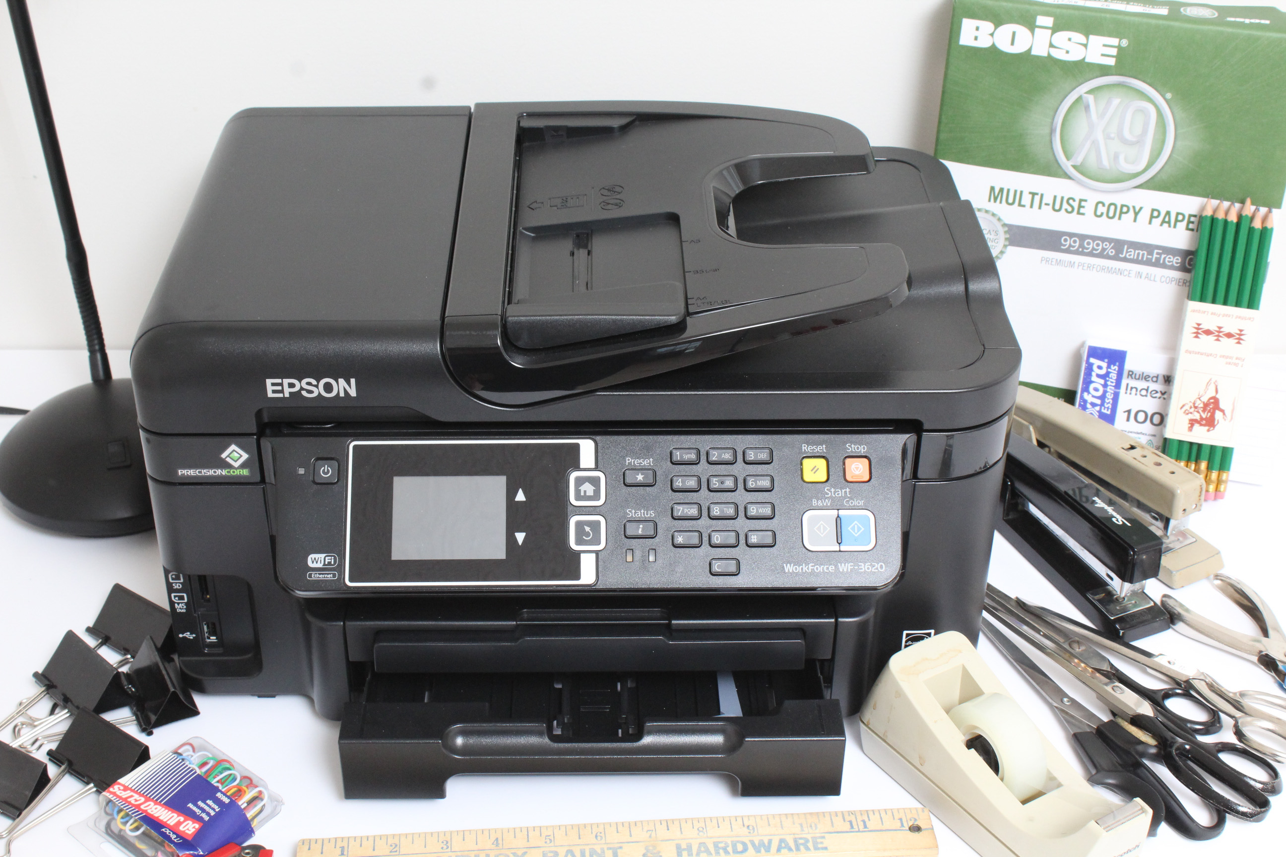 Epson Printer, Desk Lamp and Office Supplies