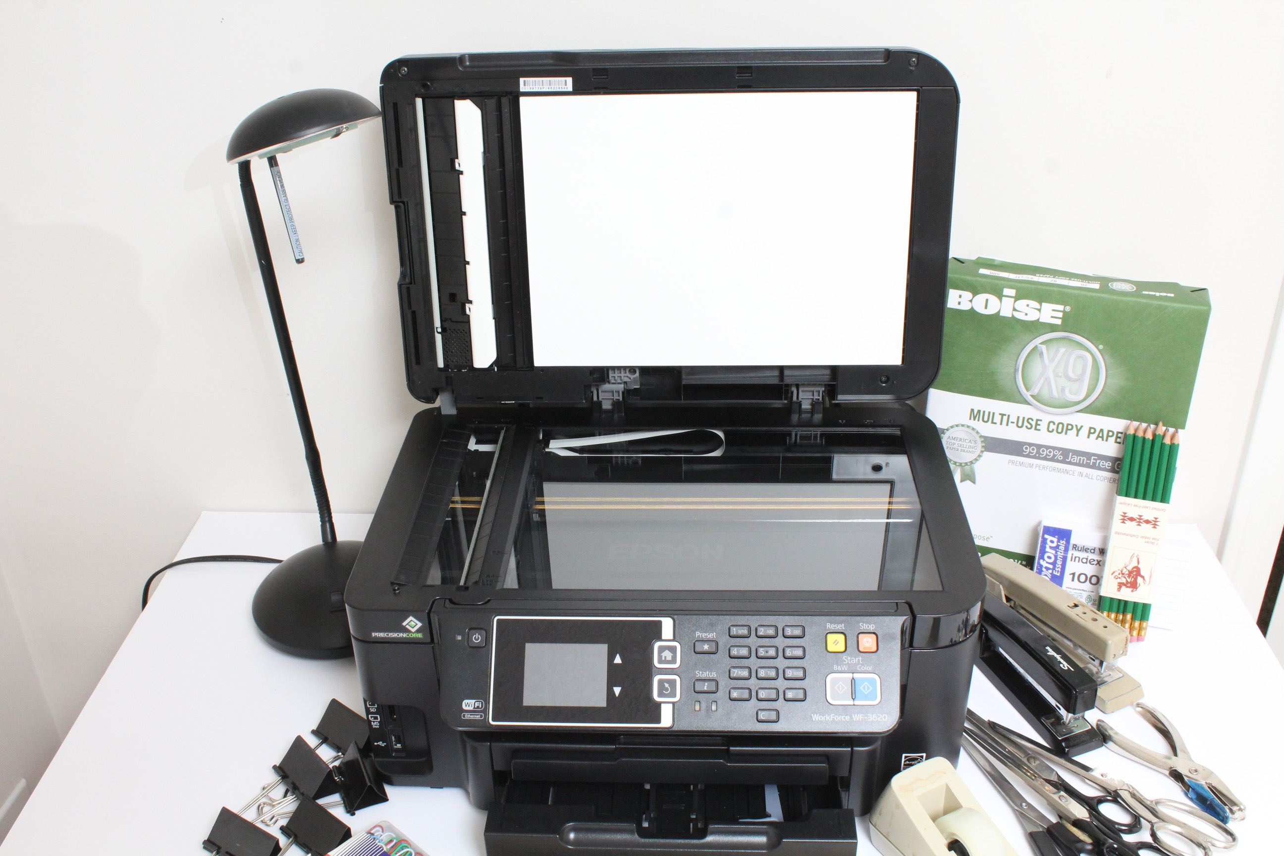 Epson Printer, Desk Lamp and Office Supplies
