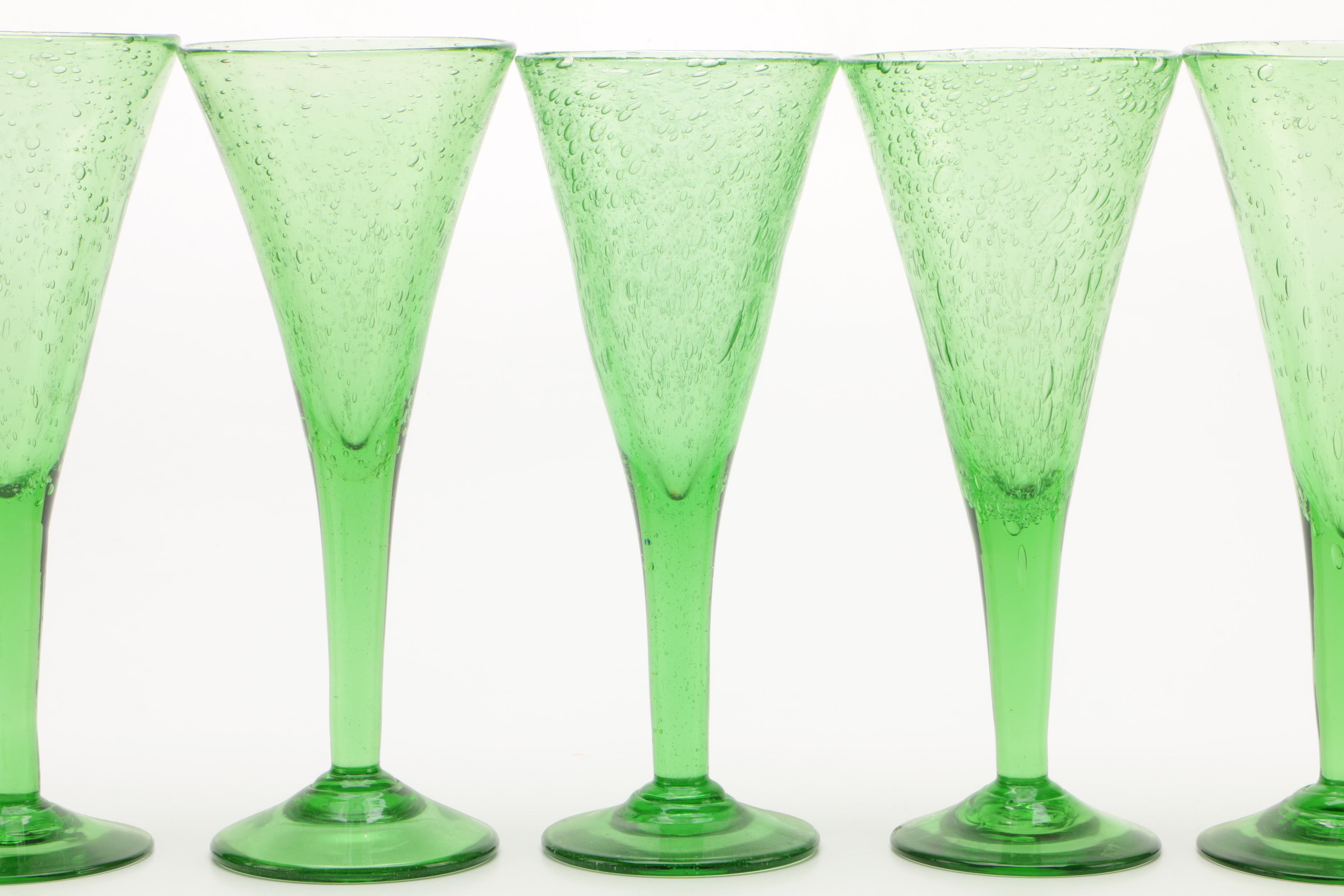La Verrerie de Biot Green Art Glass Wine Glasses