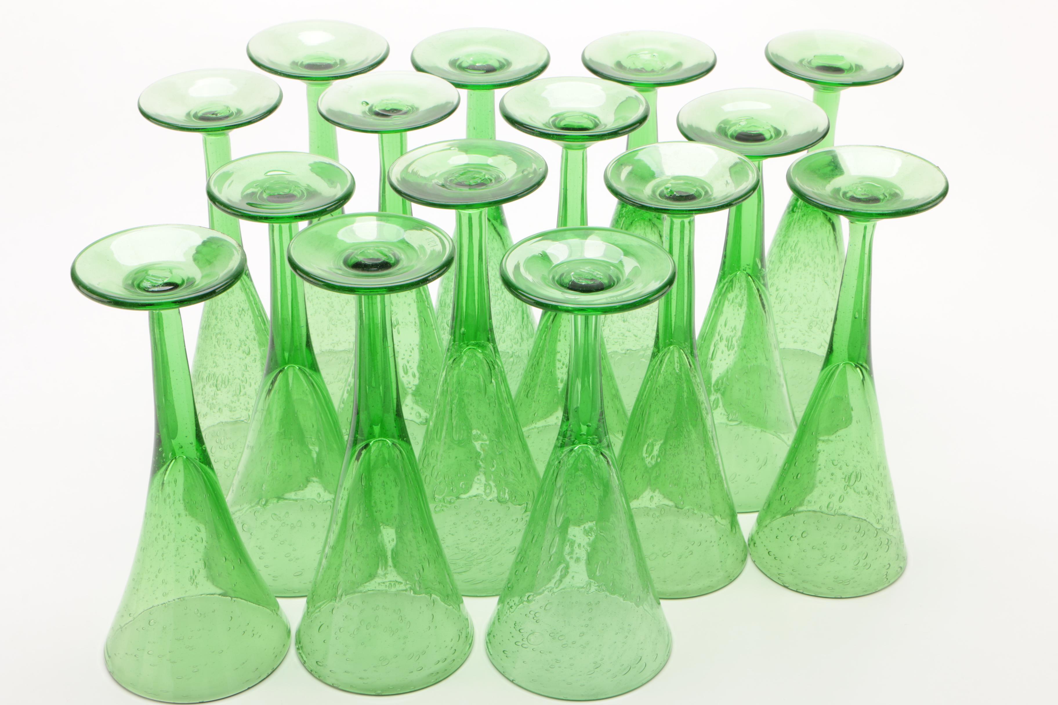 La Verrerie de Biot Green Art Glass Wine Glasses