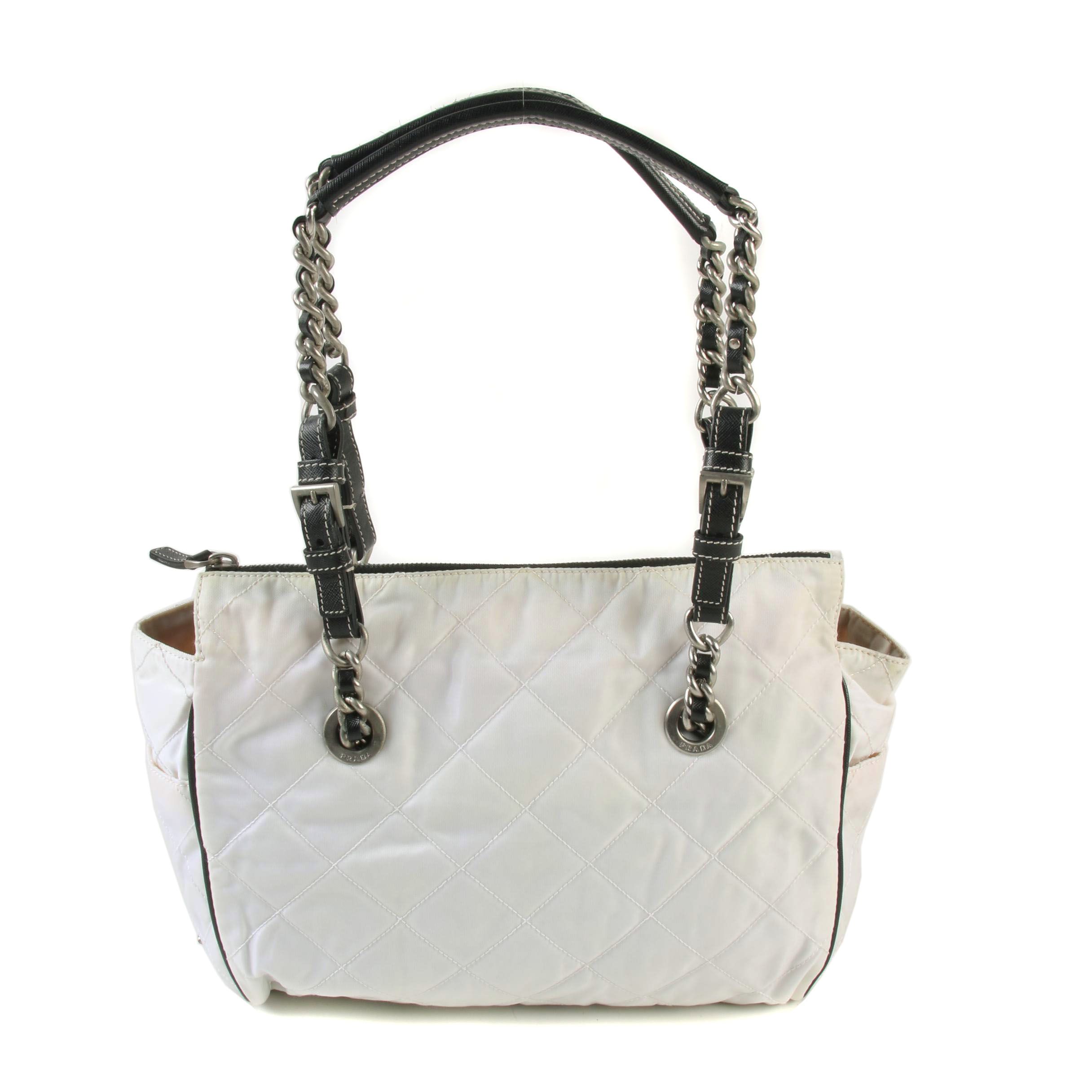 Prada Impunturato Vin Shoulder Bag in White Nylon and Black Saffiano Leather