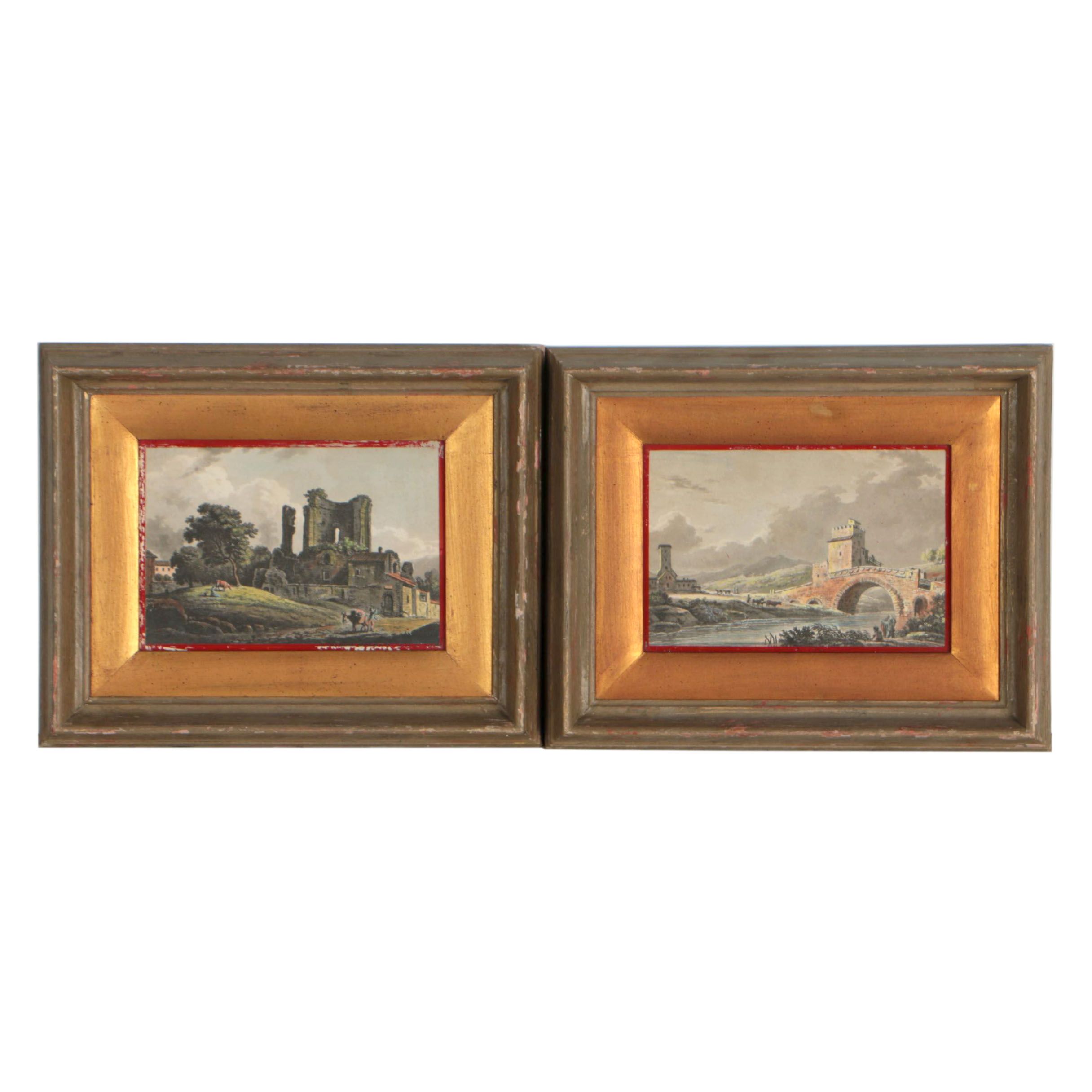 James Merigot Hand-Colored Etchings "Ponte Salaro" and "Trophy of Marius"