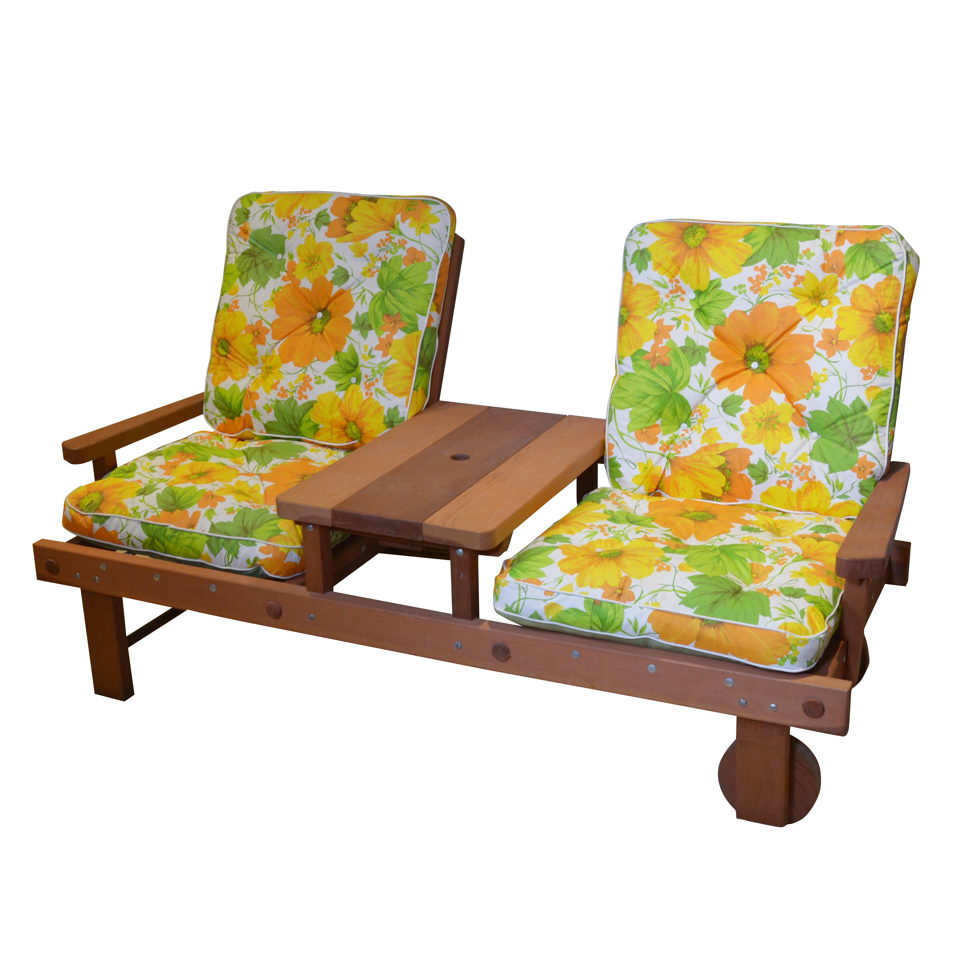 Cedar Two Seat Patio Bench with Center Table, Mid-20th Century