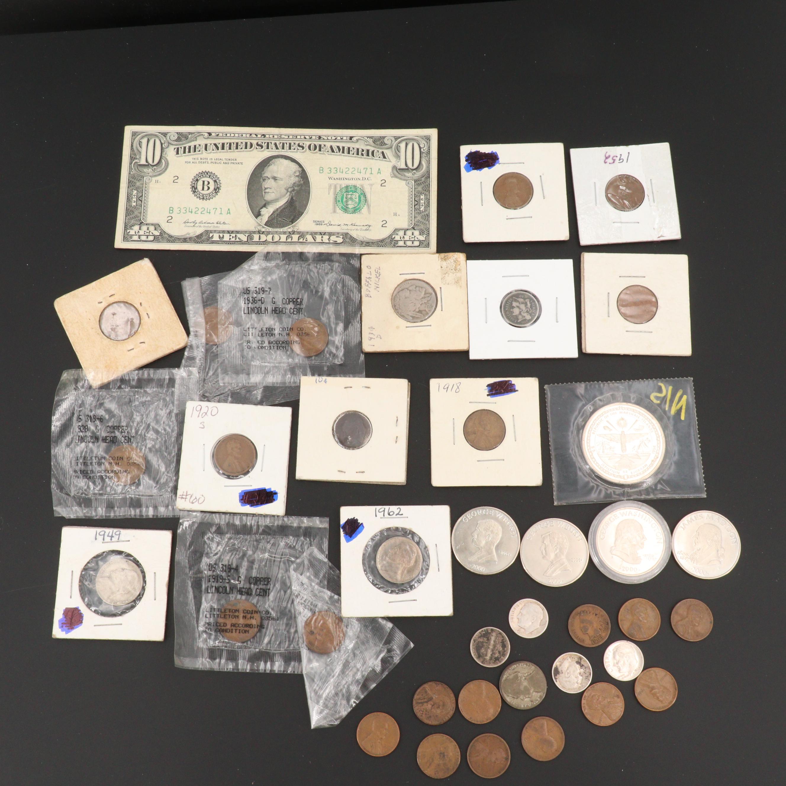 Thirty-One U.S. Coins and One U.S. Currency Note